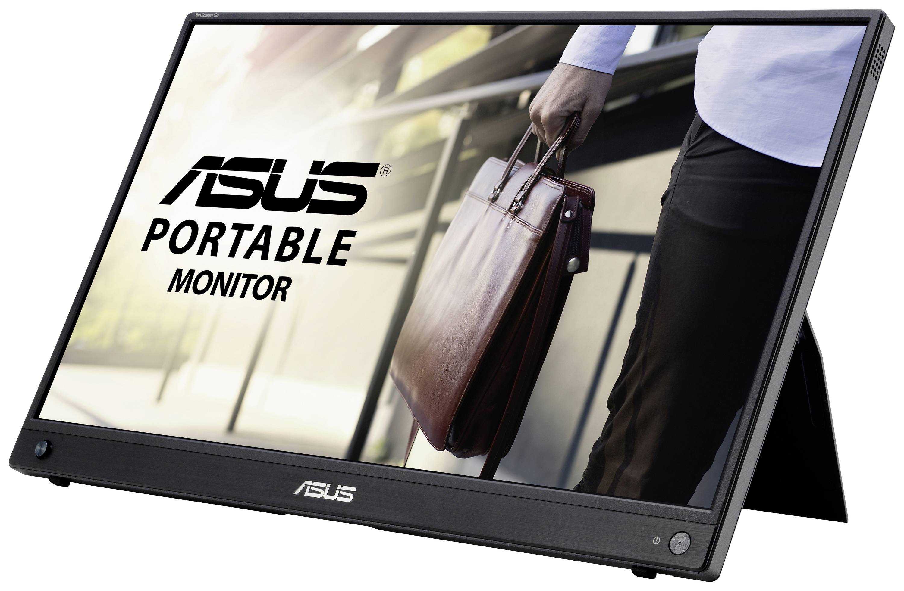 Eine Person geht mit einer Aktentasche in der Hand. Auf dem Bildschirm steht 'ASUS Portable Monitor'.