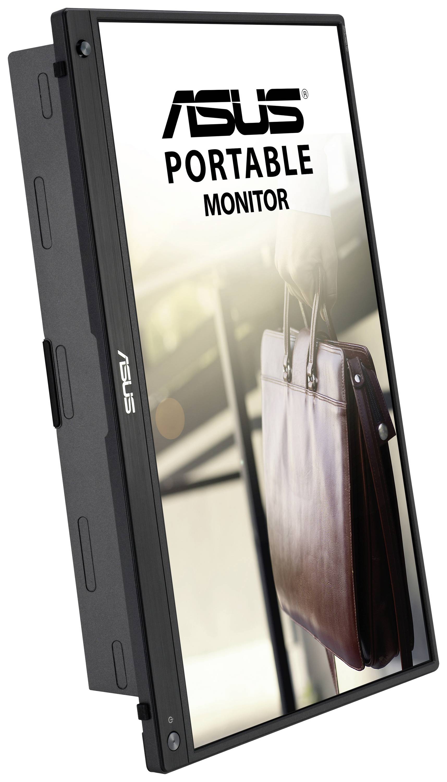 Asus tragbarer Monitor mit einem Bild einer Ledertasche im Hintergrund.