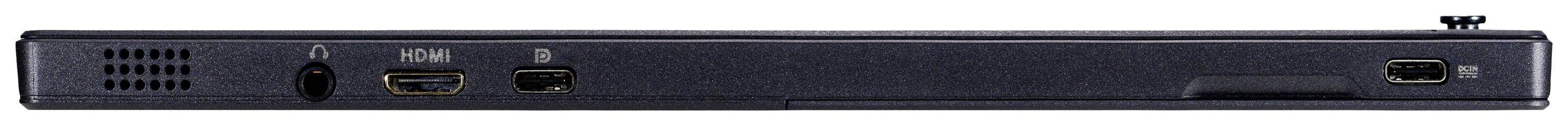 Rückansicht eines dünnen elektronischen Geräts mit verschiedenen Anschlüssen, einschließlich HDMI, USB-C und einem Kopfhöreranschluss.