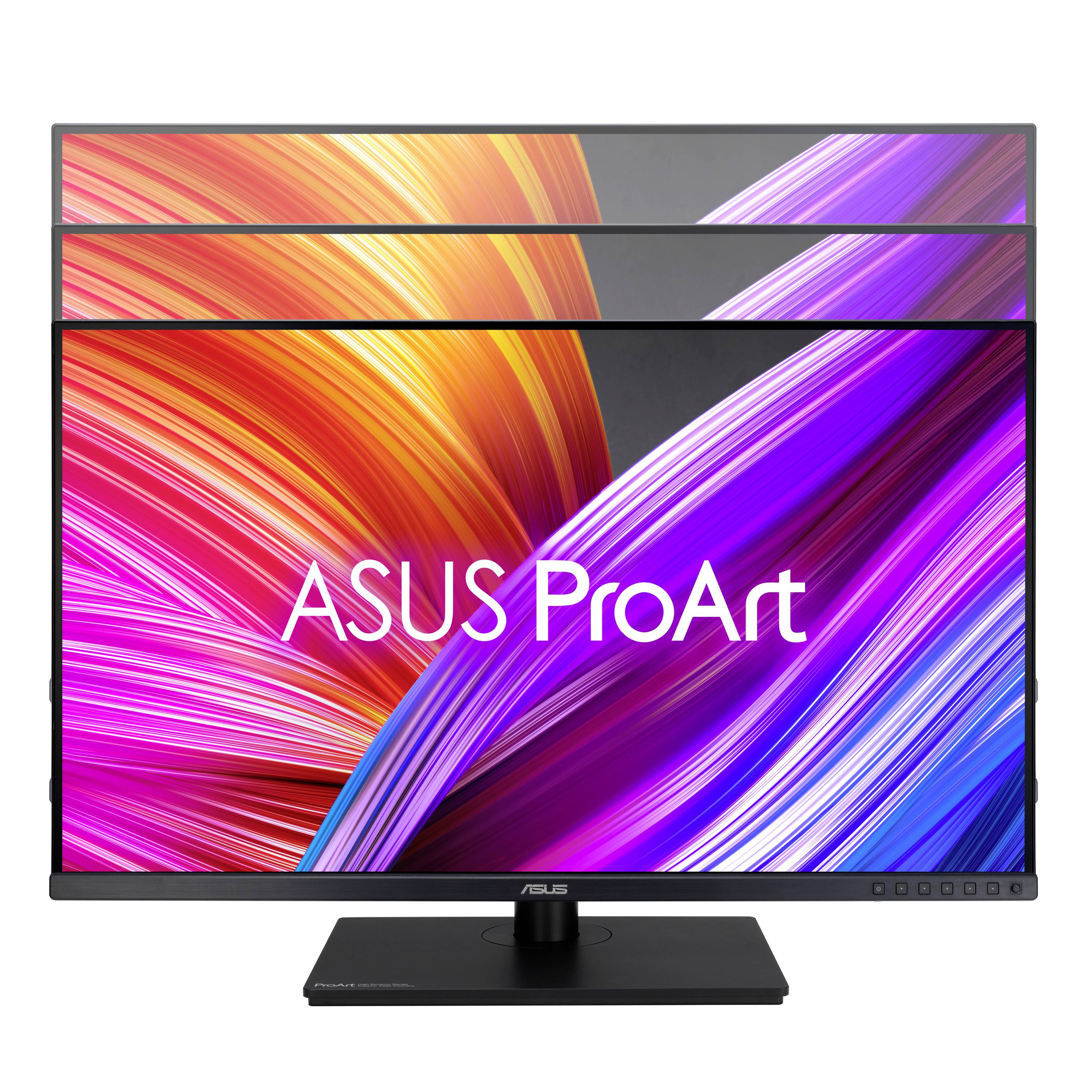 Ein Computerbildschirm zeigt bunte, geschwungene Linien und den Text 'ASUS ProArt', der den Monitor als Teil der ProArt-Serie kennzeichnet.