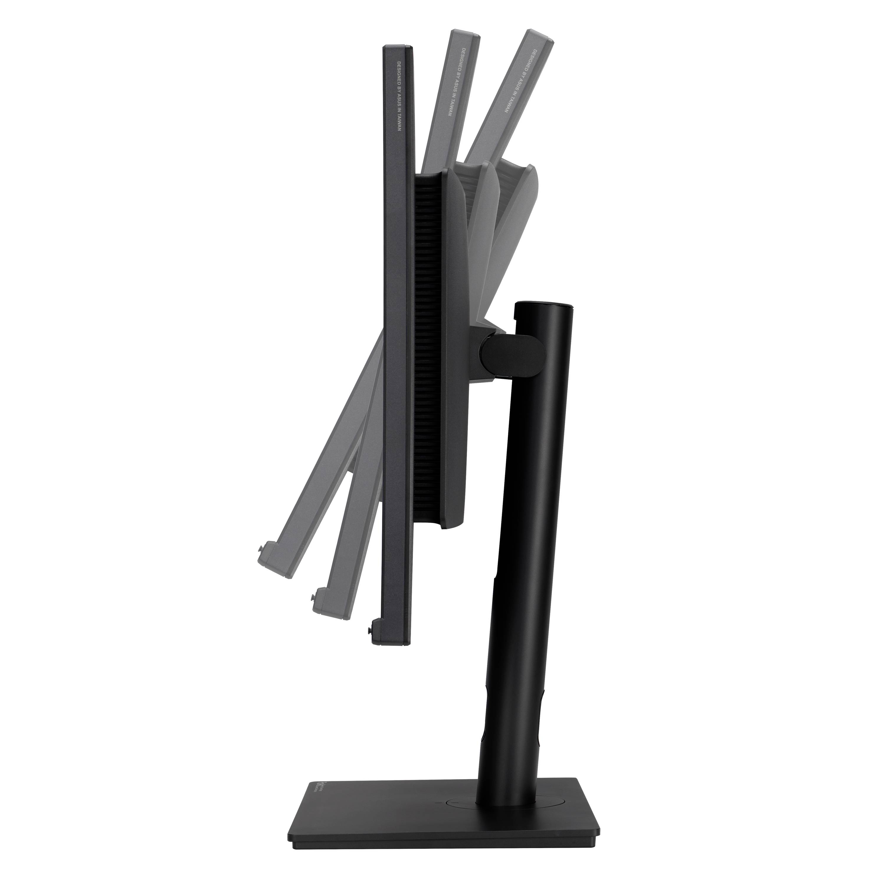 Ein Computerbildschirm mit verstellbarem Standfuß wird von der Seite gezeigt. Der Bildschirm kann nach oben und unten geneigt werden.