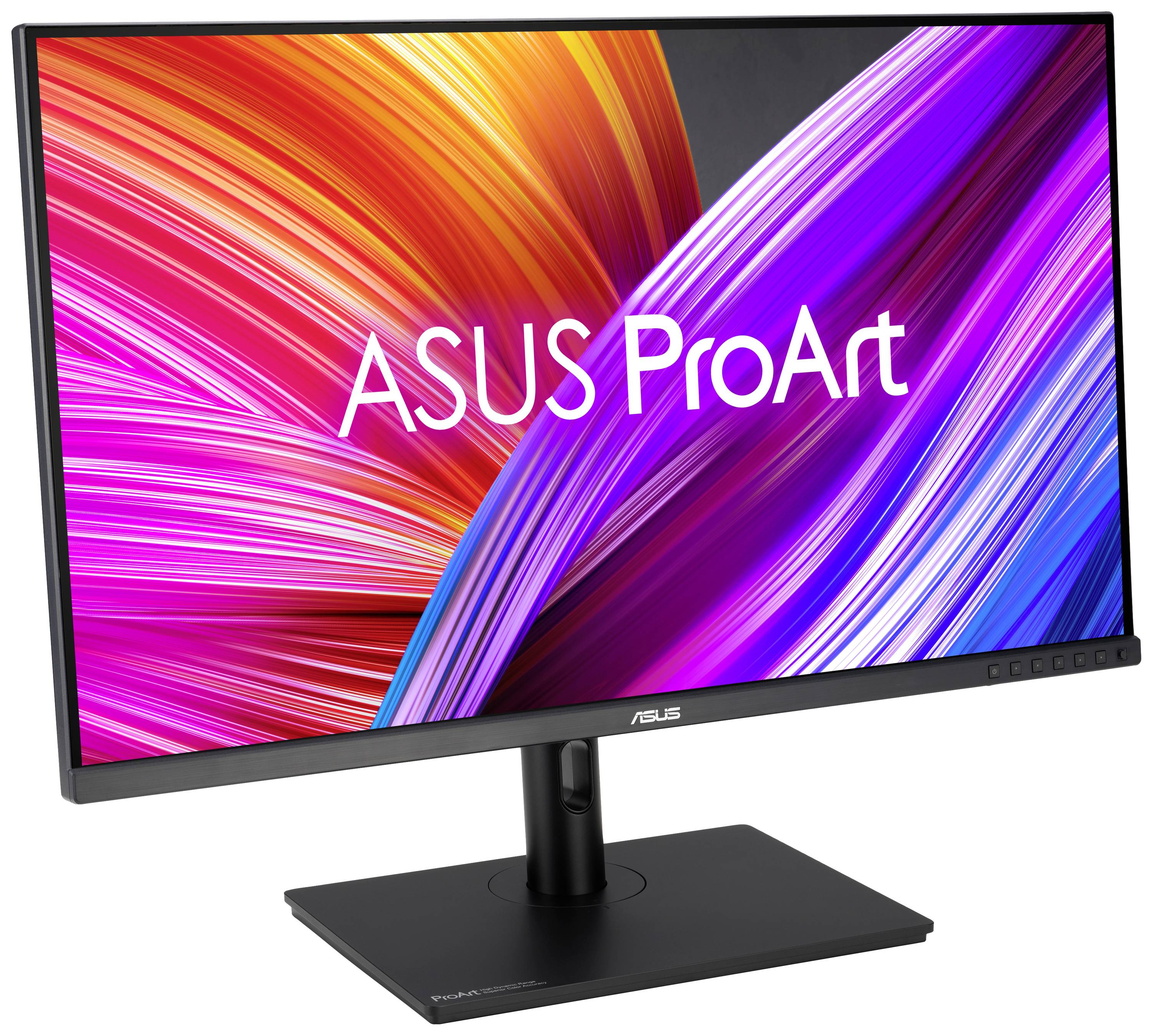 Ein ASUS ProArt Monitor mit leuchtendem, abstraktem Hintergrund in Orange, Pink und Lila, der für kreatives Arbeiten optimiert ist.