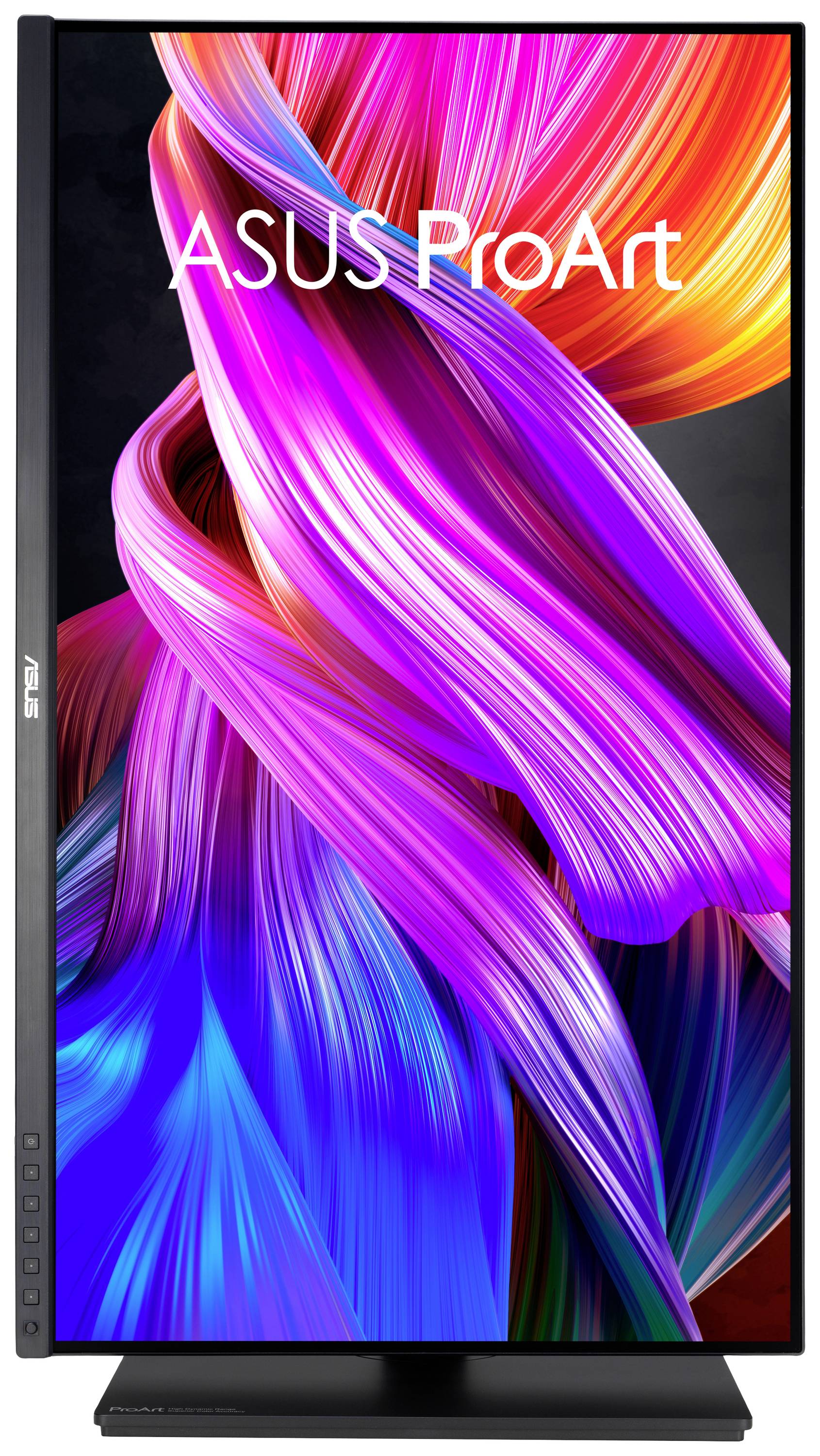 Ein ASUS ProArt Monitor mit buntem, abstraktem Hintergrund zeigt leuchtende, ineinander verwobene Farbbänder in Violett, Pink und Blau.
