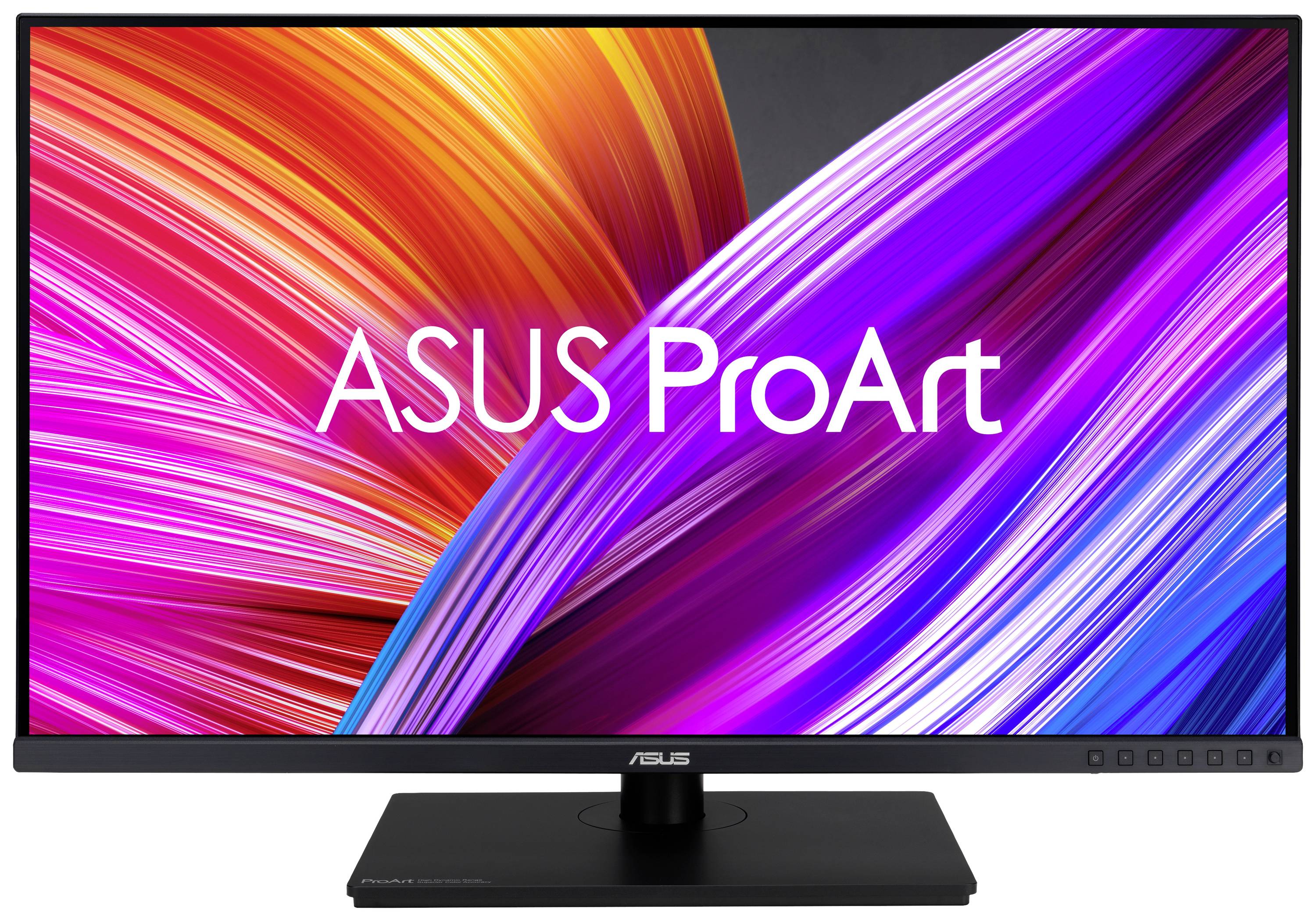 Ein ASUS ProArt Monitor mit leuchtenden, abstrakten Farben auf dem Bildschirm, geeignet für kreative Grafik- oder Videobearbeitung.
