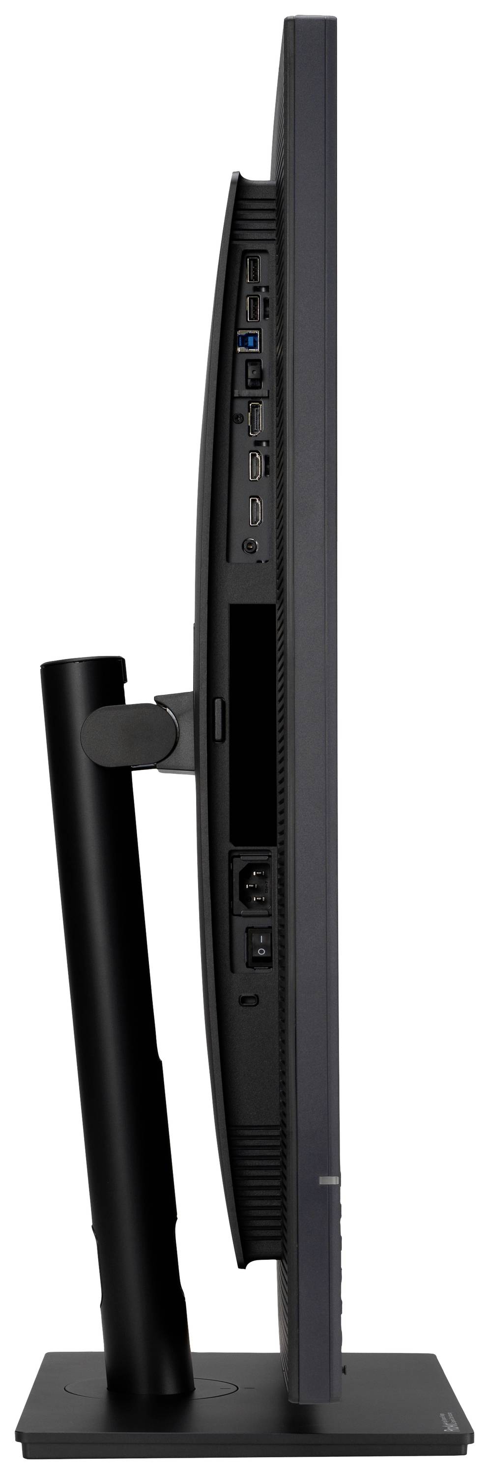 Ein Flachbildschirm von der Seite, mit Anschluss- und Steuerungselementen sichtbar. Er zeigt einen schlanken, modernen Aufbau.