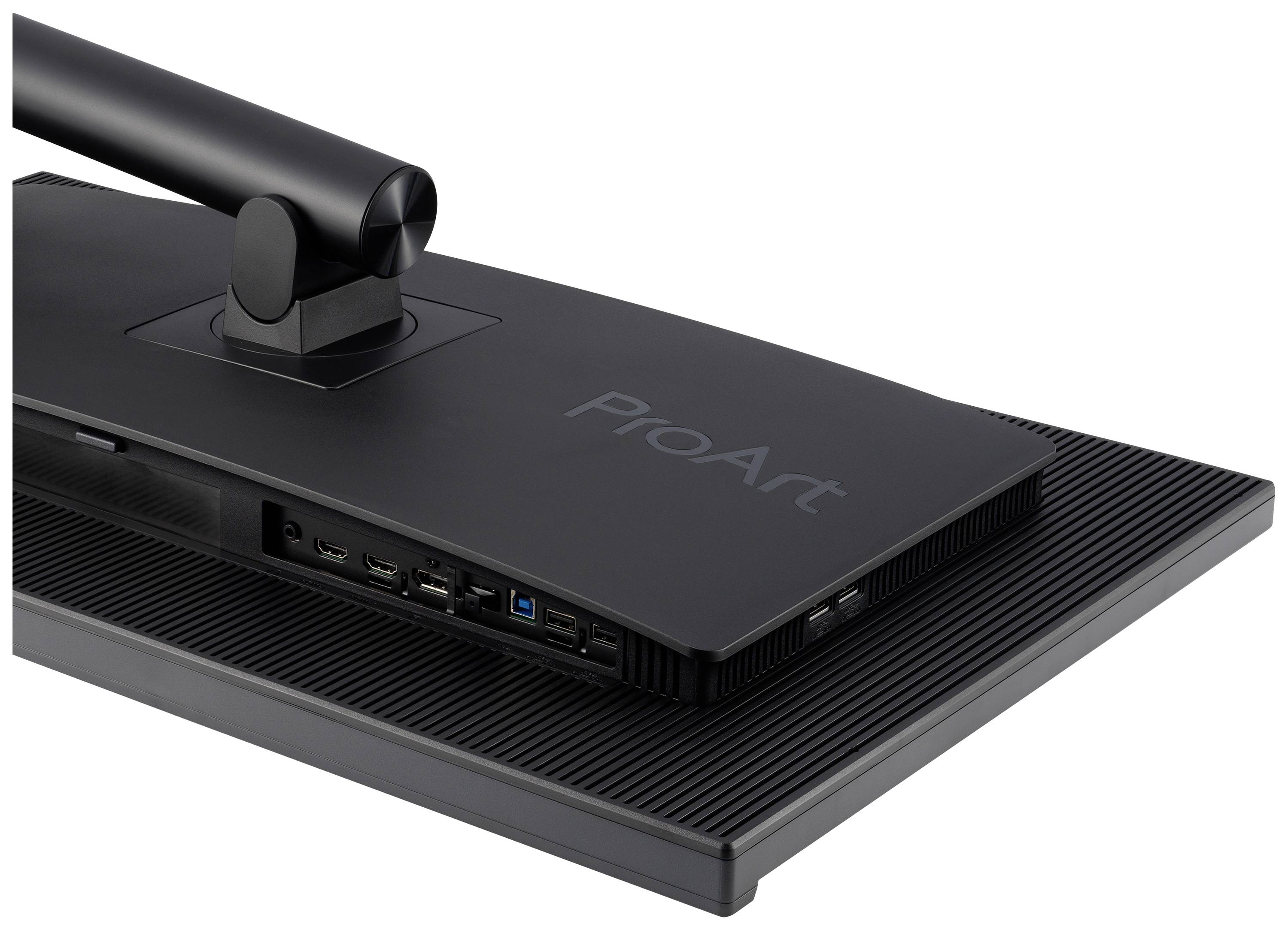 Rückseite eines schwarzen Computerbildschirms mit mehreren Anschlüssen und dem Schriftzug ProArt.