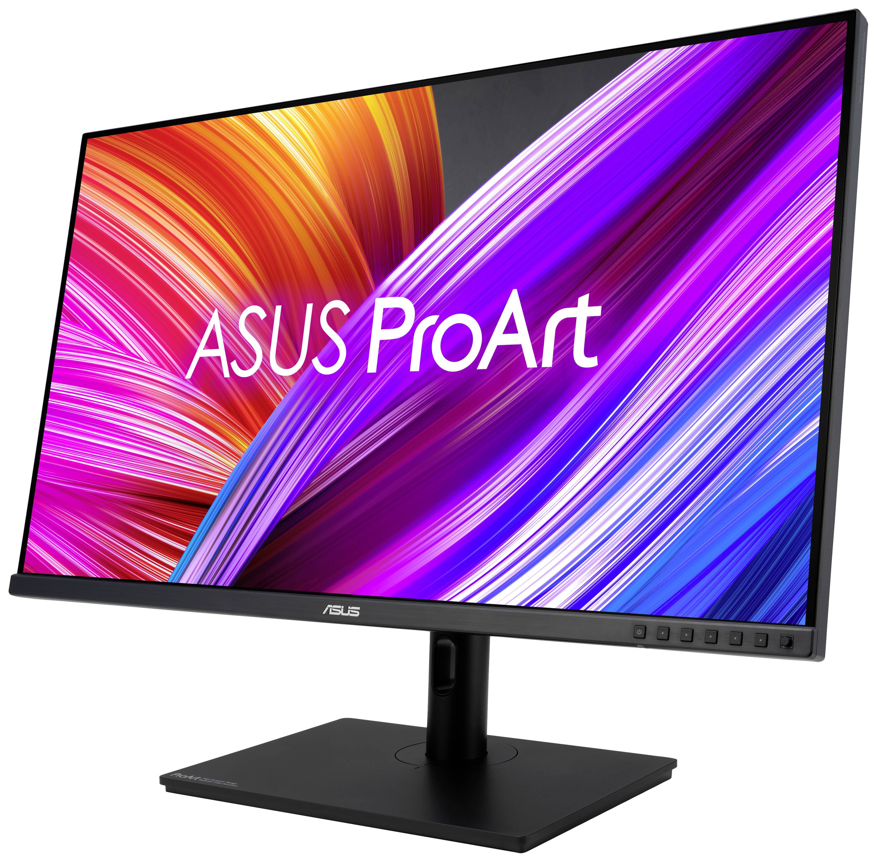 Ein ASUS ProArt Monitor mit leuchtenden, bunten Wellen als Hintergrund auf dem Bildschirm, geeignet für kreative Profis.