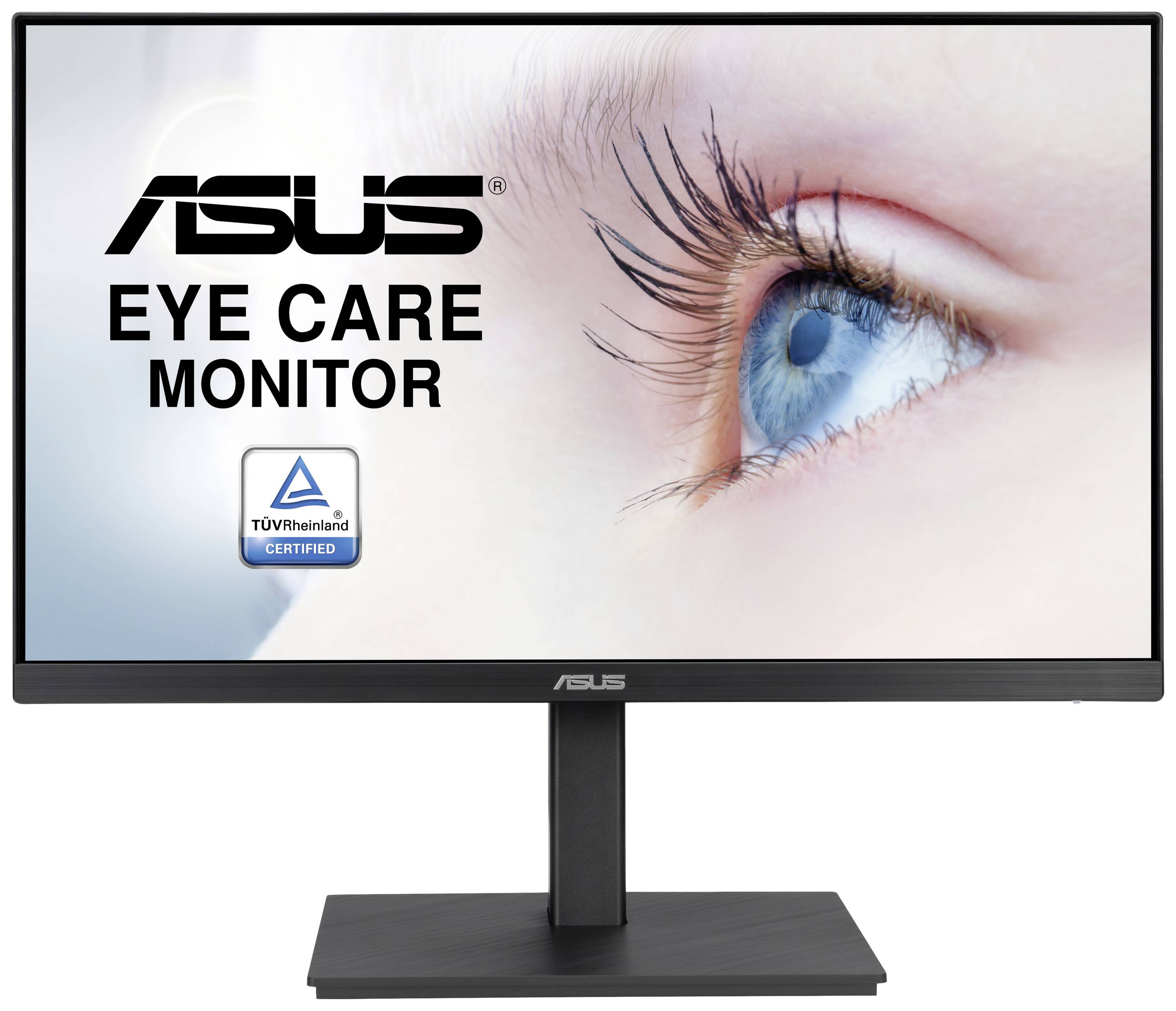 Ein ASUS Eye Care Monitor zeigt ein blaues Auge. Der Monitor ist TÜV Rheinland zertifiziert.