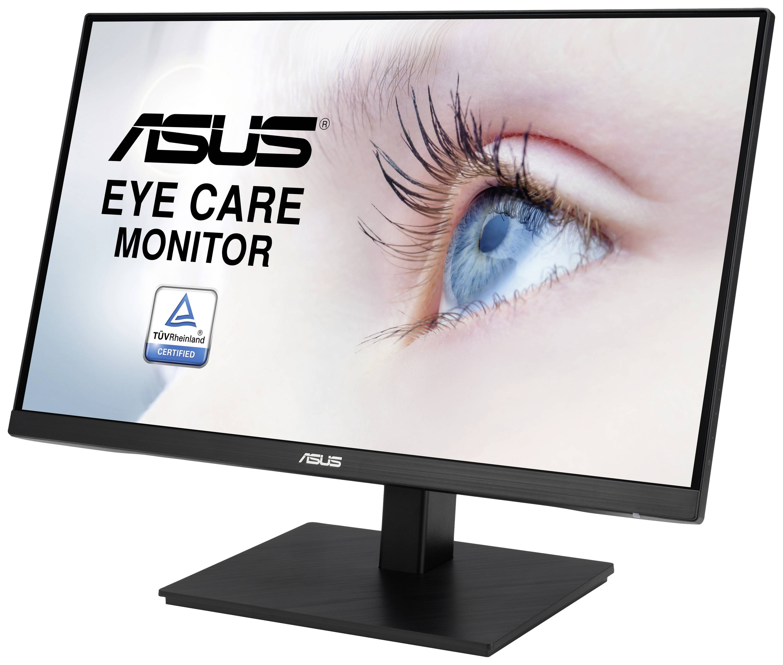 Monitor mit der Aufschrift 'ASUS Eye Care Monitor' und TÜV Rheinland-Zertifikat. Nahaufnahme eines Auges auf dem Bildschirm.