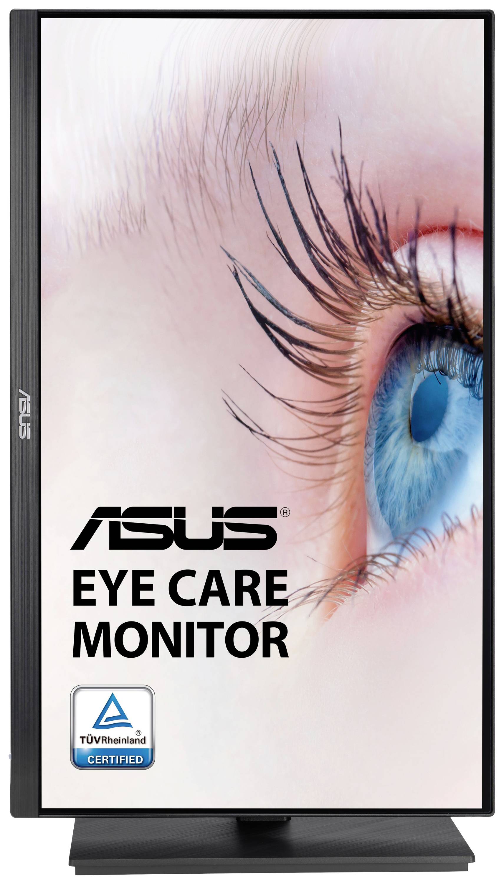 Asus Monitor mit TÜV-zertifiziertem Augenpflegemodus für reduzierte Augenbelastung, Nahaufnahme eines blauen Auges auf dem Bildschirm.