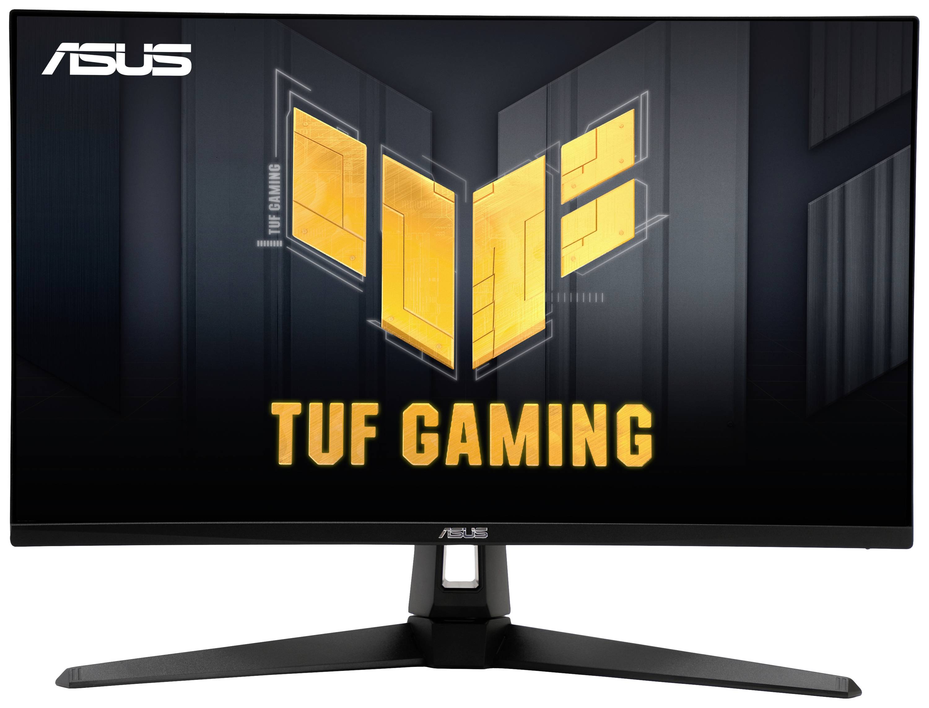 Ein ASUS-Monitor mit der Aufschrift 'TUF Gaming' auf dem Bildschirm. Der Hintergrund zeigt ein gelbes Emblem auf dunklem Grund.