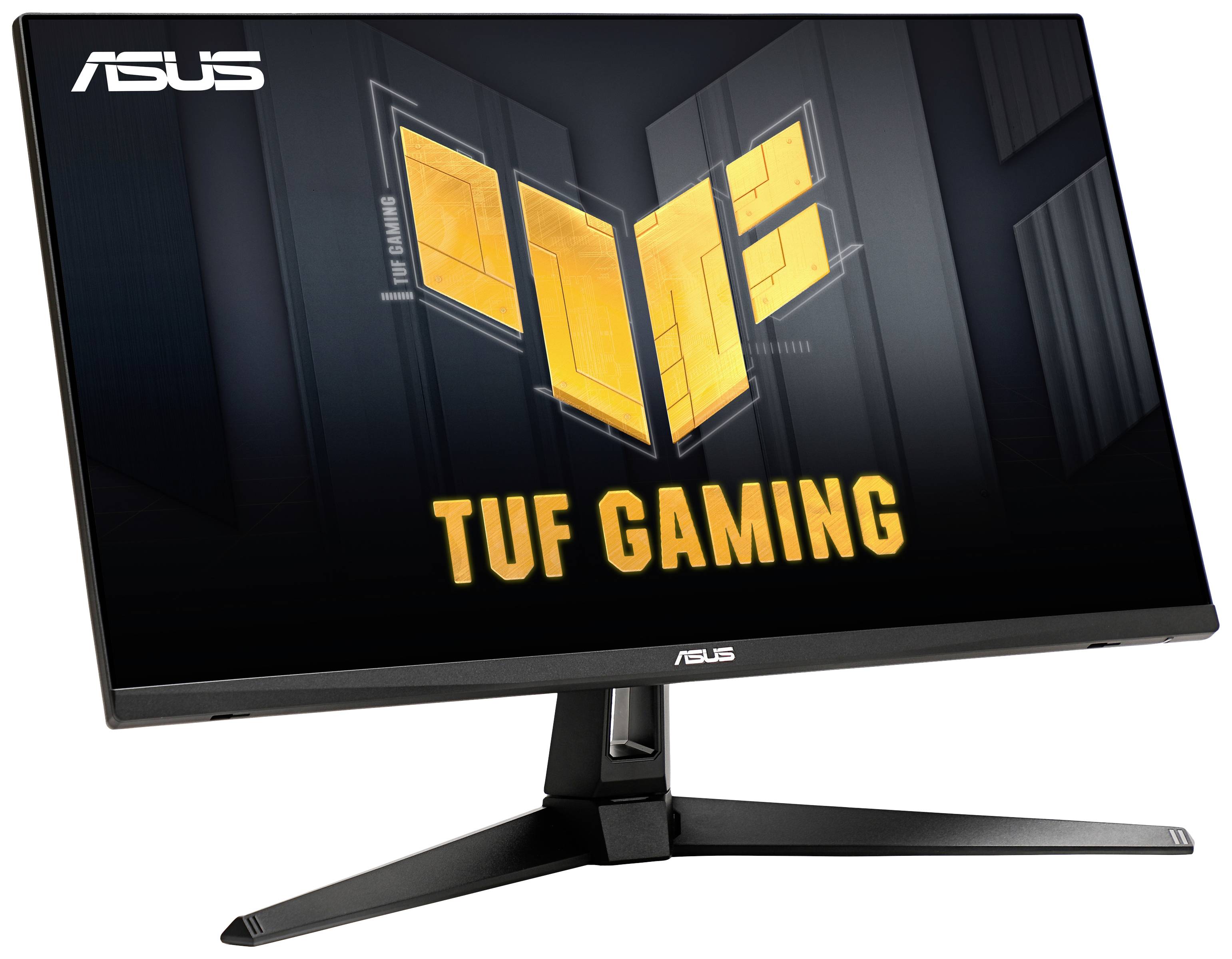 Gaming-Monitor von ASUS mit der Aufschrift 'TUF Gaming', schwarzes schlankes Design, großer Bildschirm, geeignet für intensives Gaming.