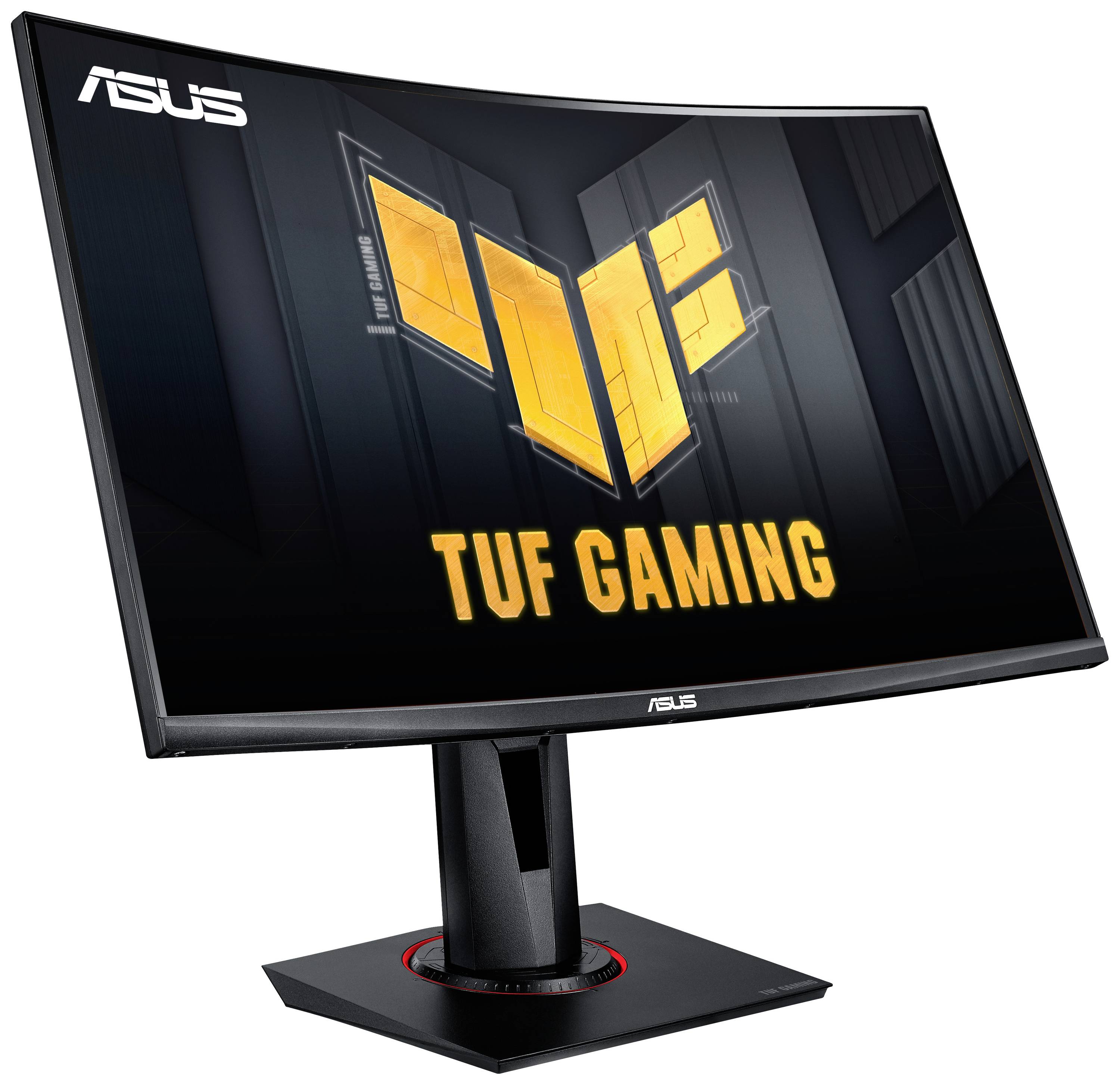 Ein gekrümmter ASUS TUF Gaming-Monitor mit schwarzem Gehäuse, orangefarbenem Logo und robustem Standfuß. Ideal für Gaming-Anwendungen.