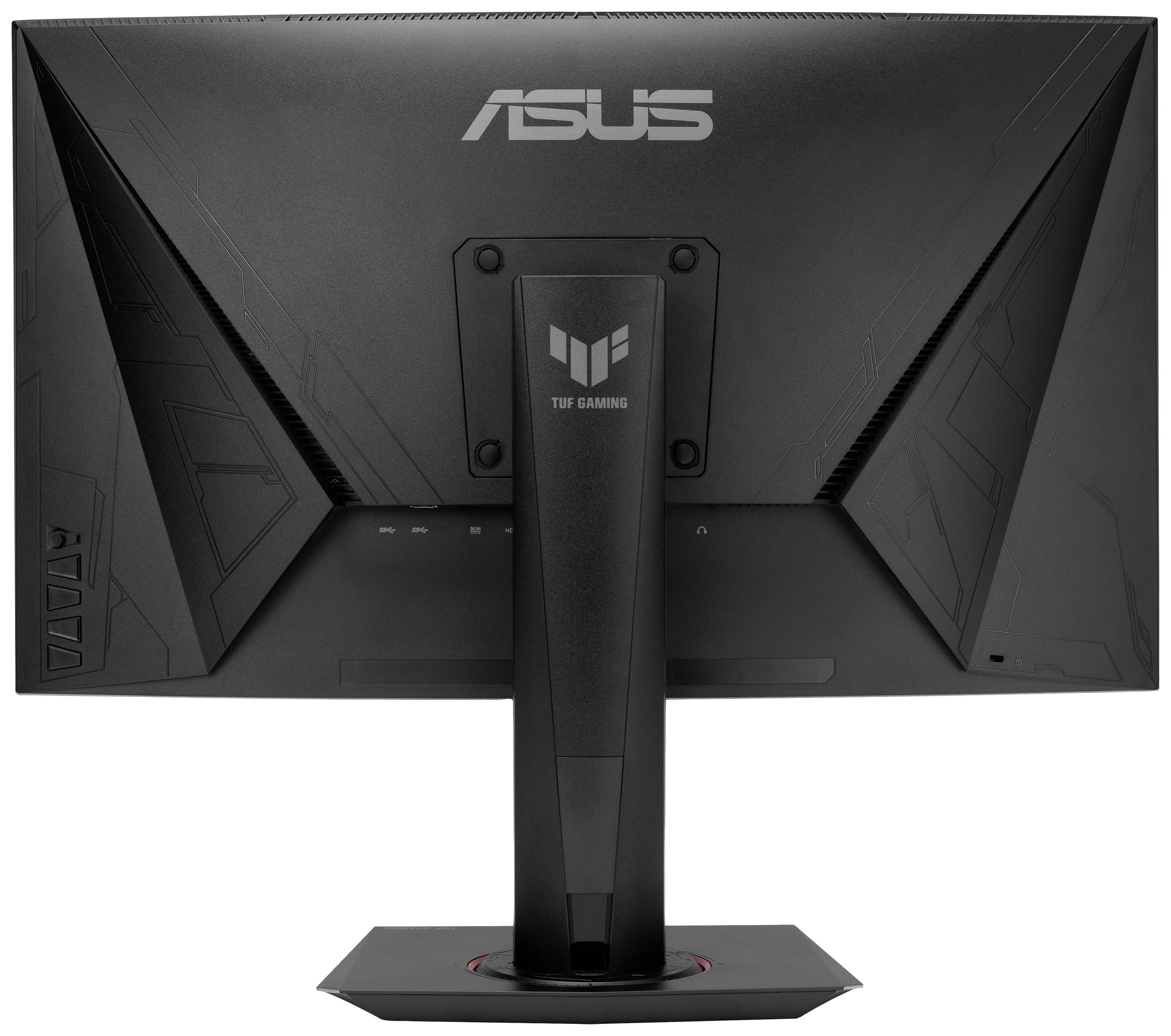 Rückseite eines Asus TUF Gaming Monitors mit einem robusten Standfuß und geometrischem Design, zeigt Markenlogo und Anschlussmöglichkeiten.