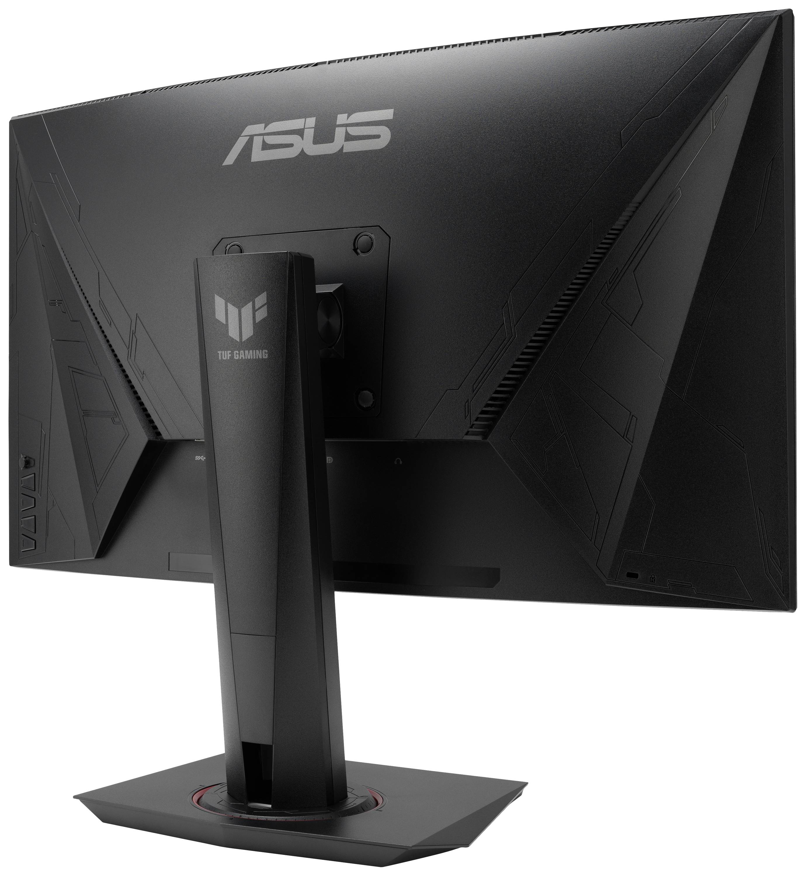 Ein schwarzer Asus-TUF-Gaming-Monitor von hinten, mit einem robusten Standfuß und dem Asus-Logo oben sichtbar.