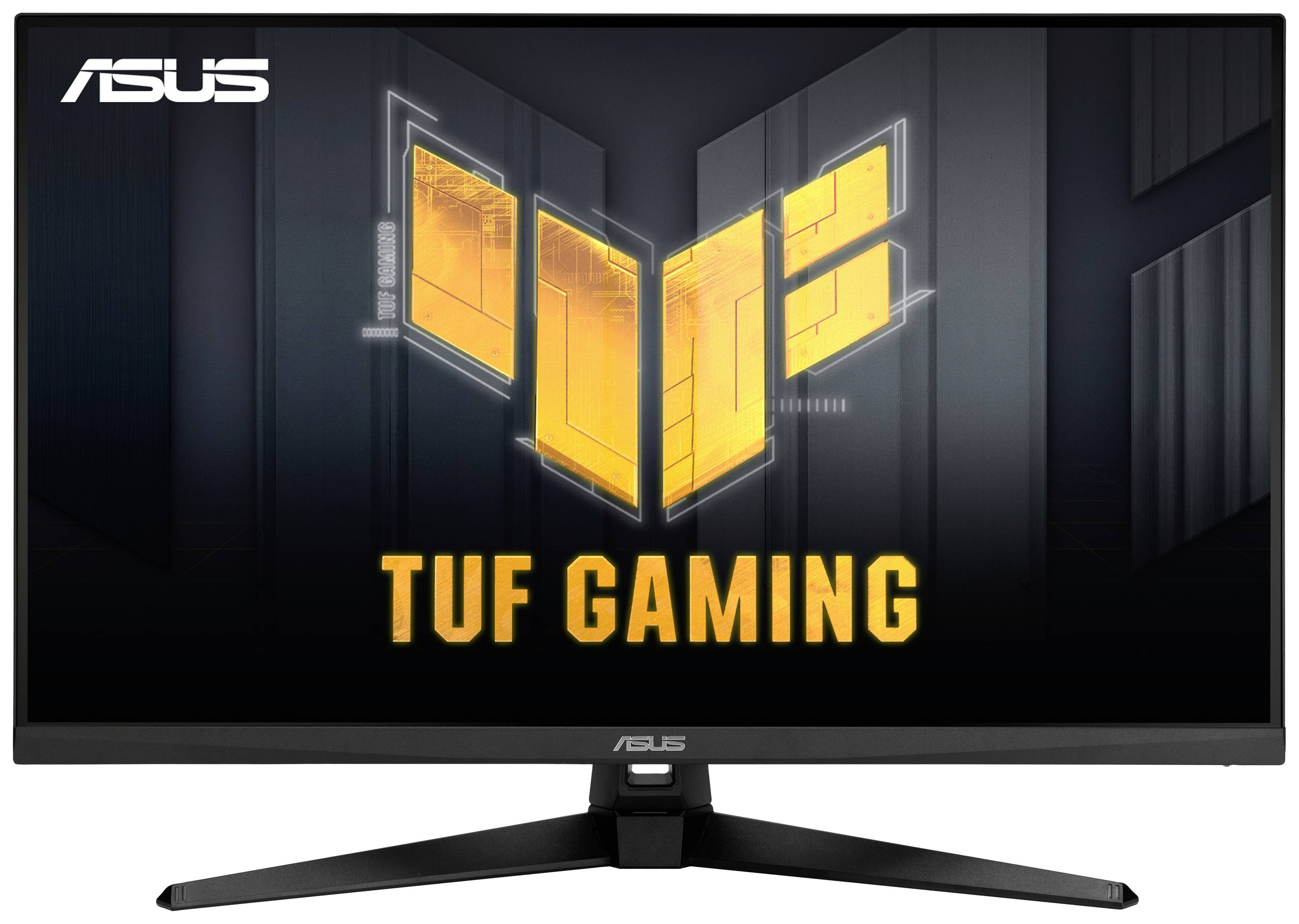 Ein ASUS TUF Gaming Monitor mit einem breiten Bildschirm und einem stabilen Standfuß. Das Logo ist prominent oben links zu sehen.
