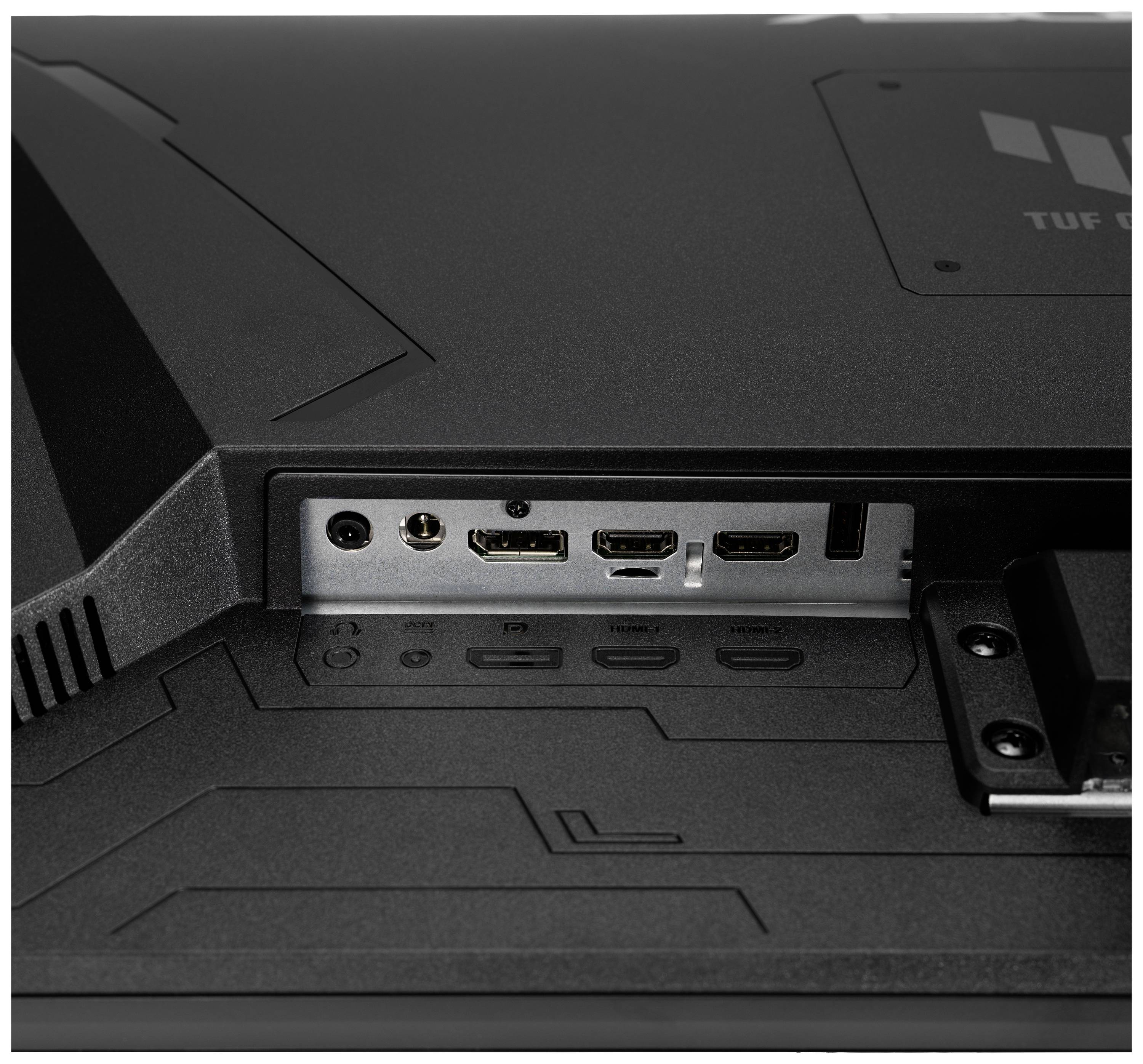 Rückseite eines Monitors mit sichtbaren Anschlüssen: ein Stromanschluss, zwei HDMI-Ports, ein DisplayPort und ein Kopfhöreranschluss.