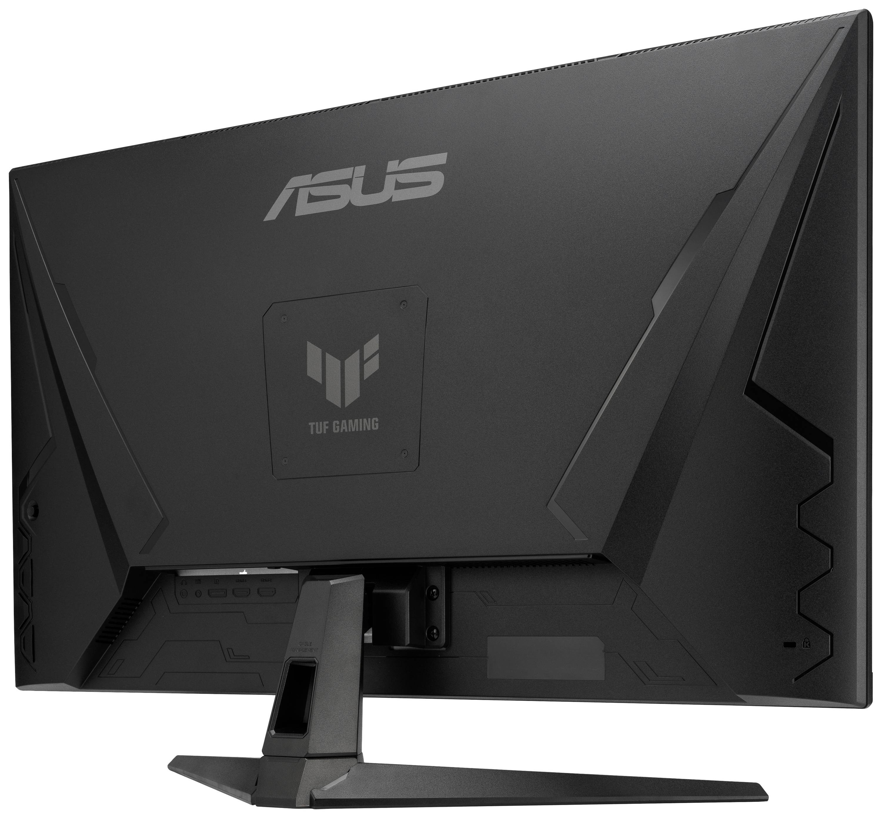 Rückseite eines schwarzen Monitors der Marke Asus, Modell TUF Gaming, mit kantigem Design, auf einem rechteckigen Standfuß.