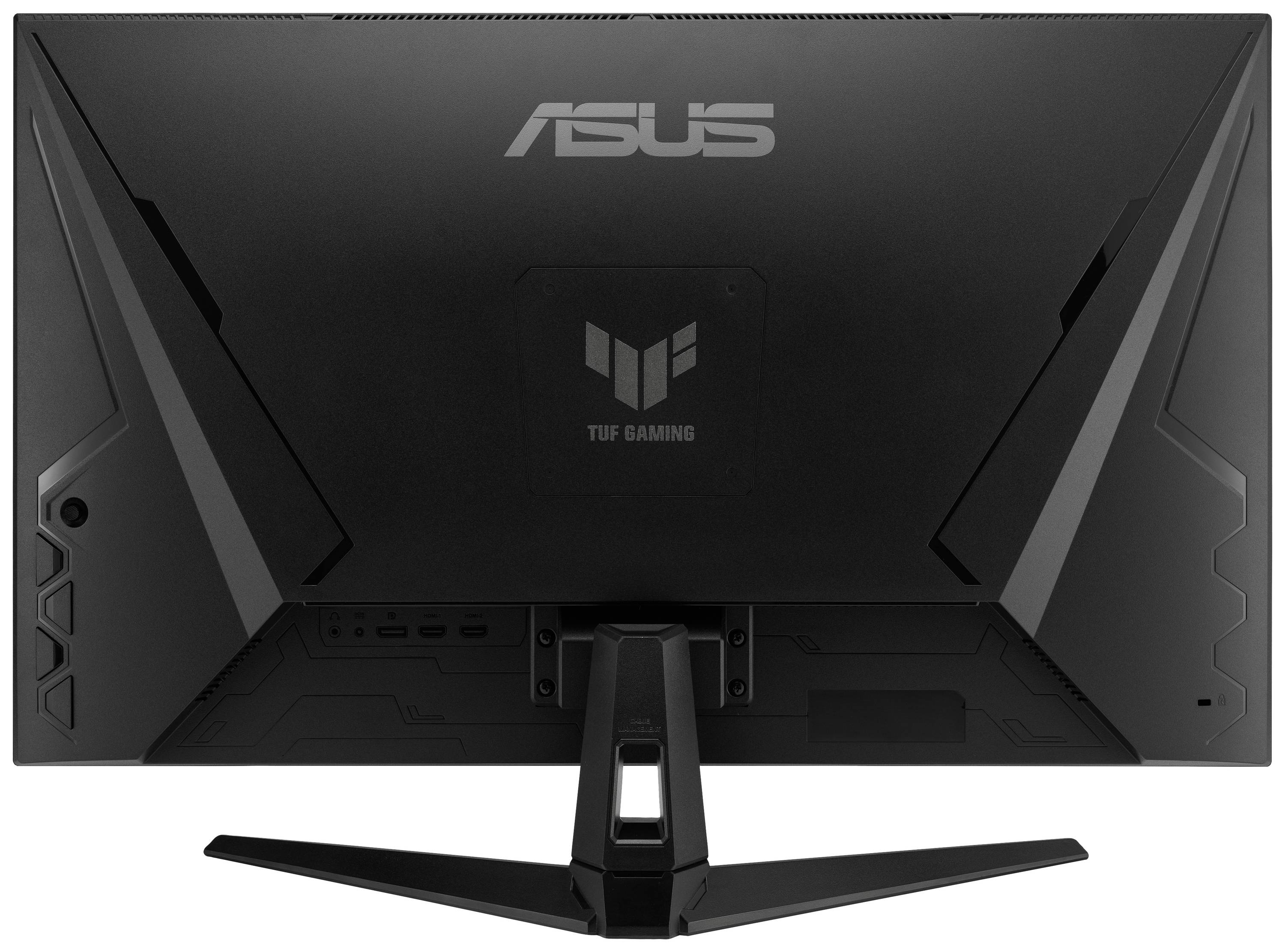 Rückansicht eines Asus-TUF-Gaming-Monitors mit stilvollem Design und robustem Standfuß.