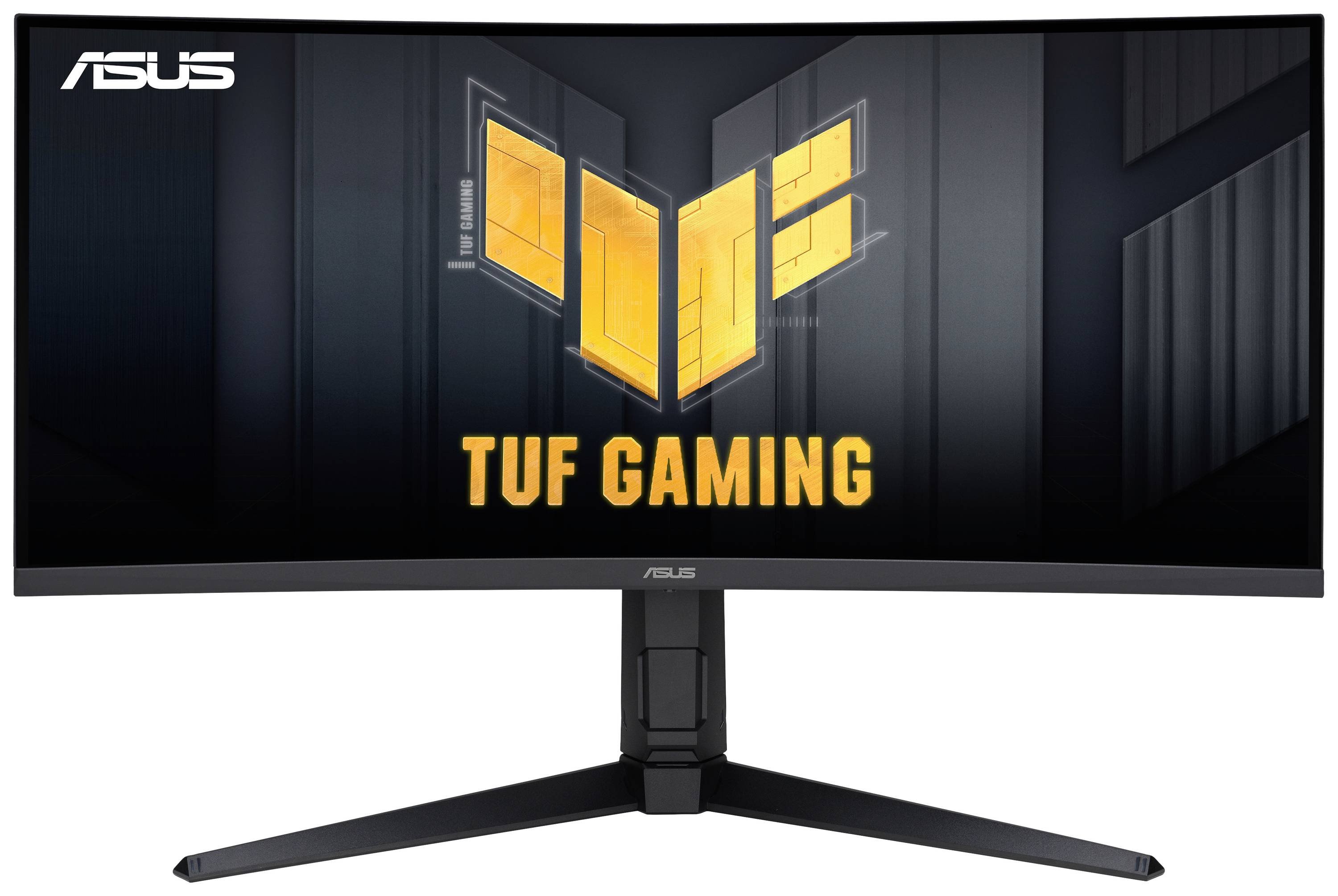 Breiter Gaming-Monitor von ASUS mit TUF Gaming-Logo auf dem Bildschirm, betont robustes Design und erweiterte Spieleigenschaften.
