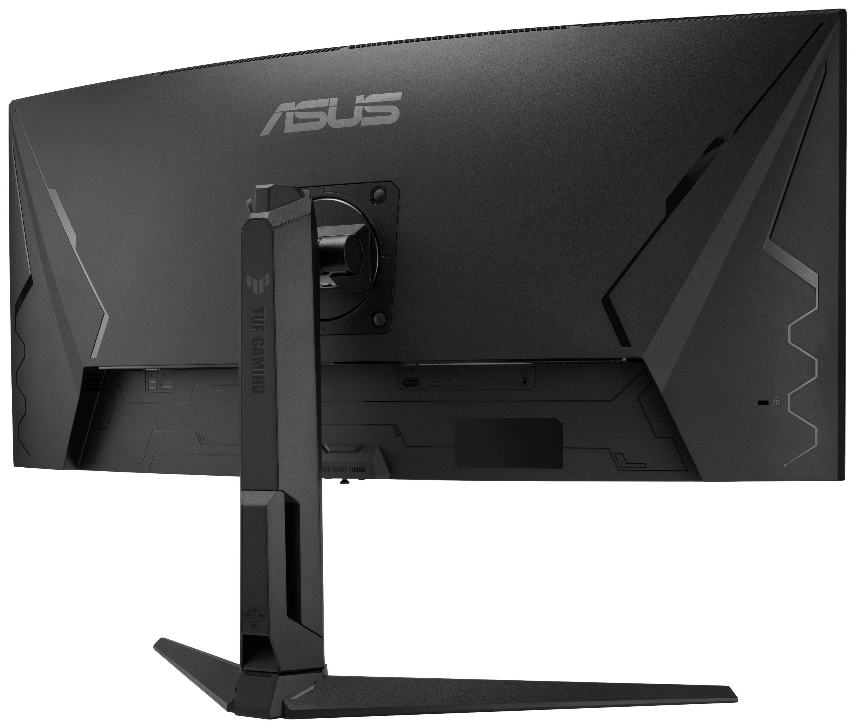 Rückansicht eines schwarzen Computerbildschirms mit dem Logo einer bekannten Marke und einem stabilen Standfuß.