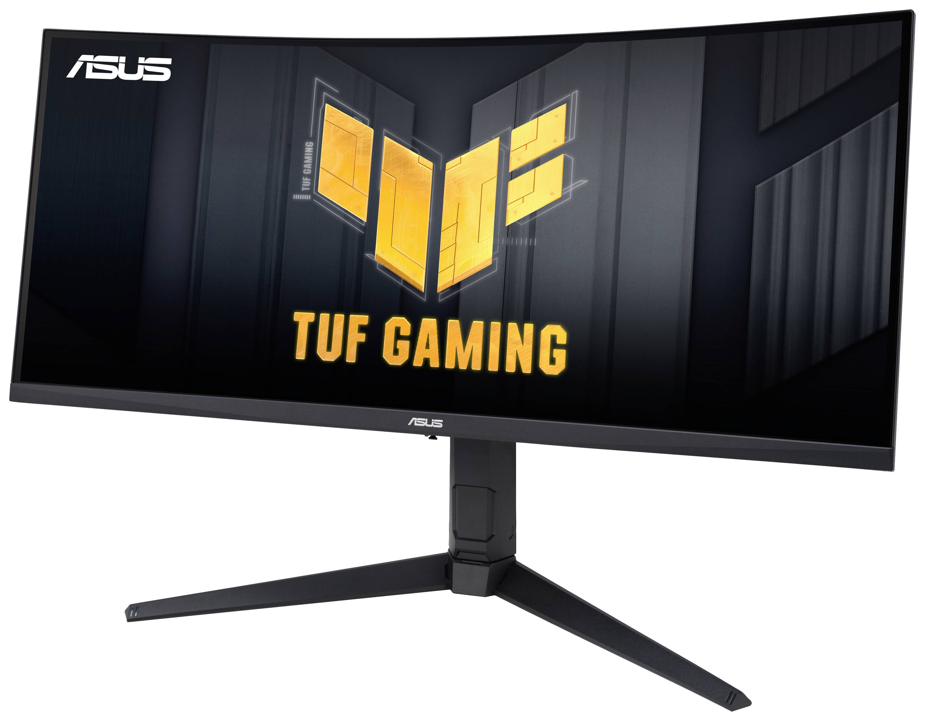 Breiter gebogener Gaming-Monitor von ASUS, benannt als 'TUF Gaming'. Der Bildschirm zeigt das TUF-Gaming-Logo auf dunklem Hintergrund.