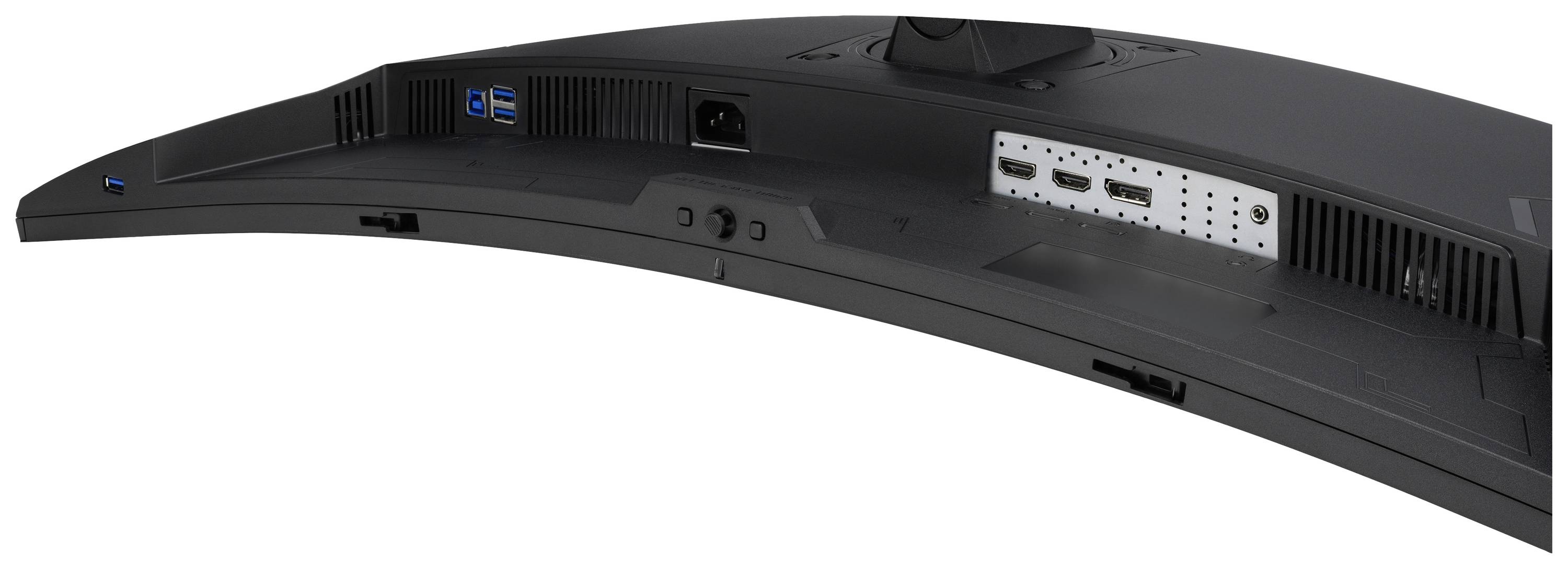 Rückseite eines Monitors mit Anschlüssen: USB-Ports, Stromanschluss und HDMI-Anschlüsse. Zeigt die Anschlussmöglichkeiten des Geräts.