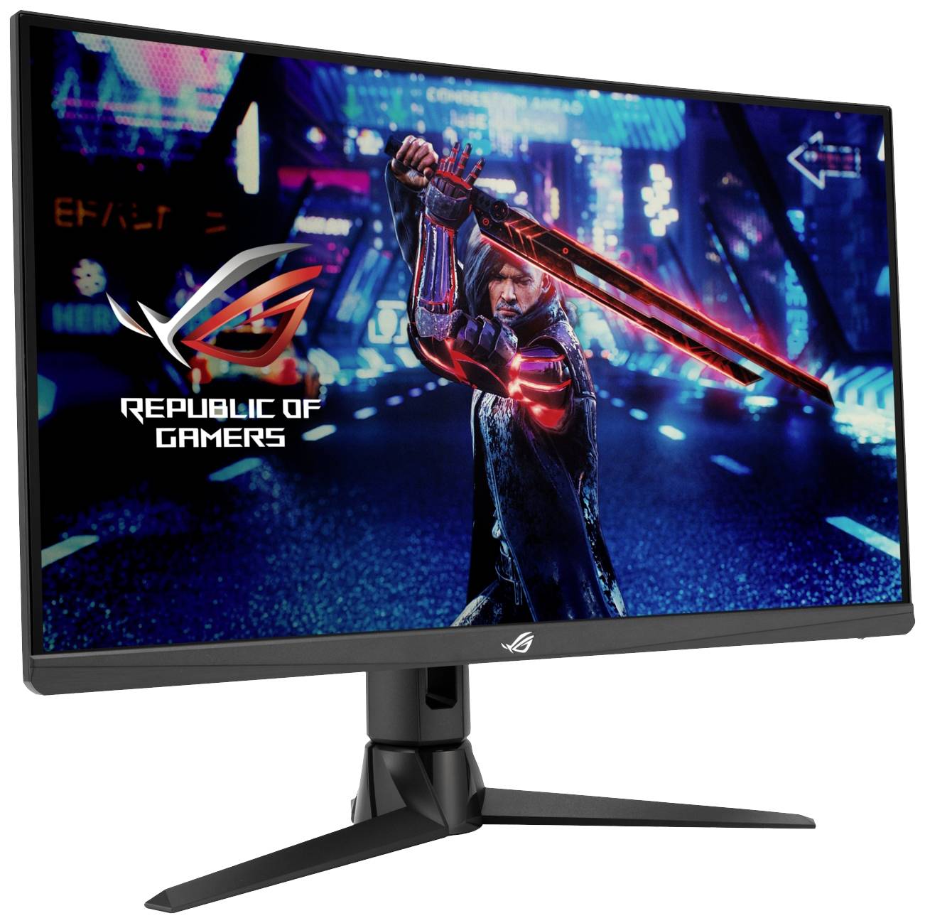 Ein Gaming-Monitor mit dem Logo 'Republic of Gamers' auf dem Bildschirm. Eine Figur hält ein leuchtendes Schwert in einer futuristischen Stadtumgebung.
