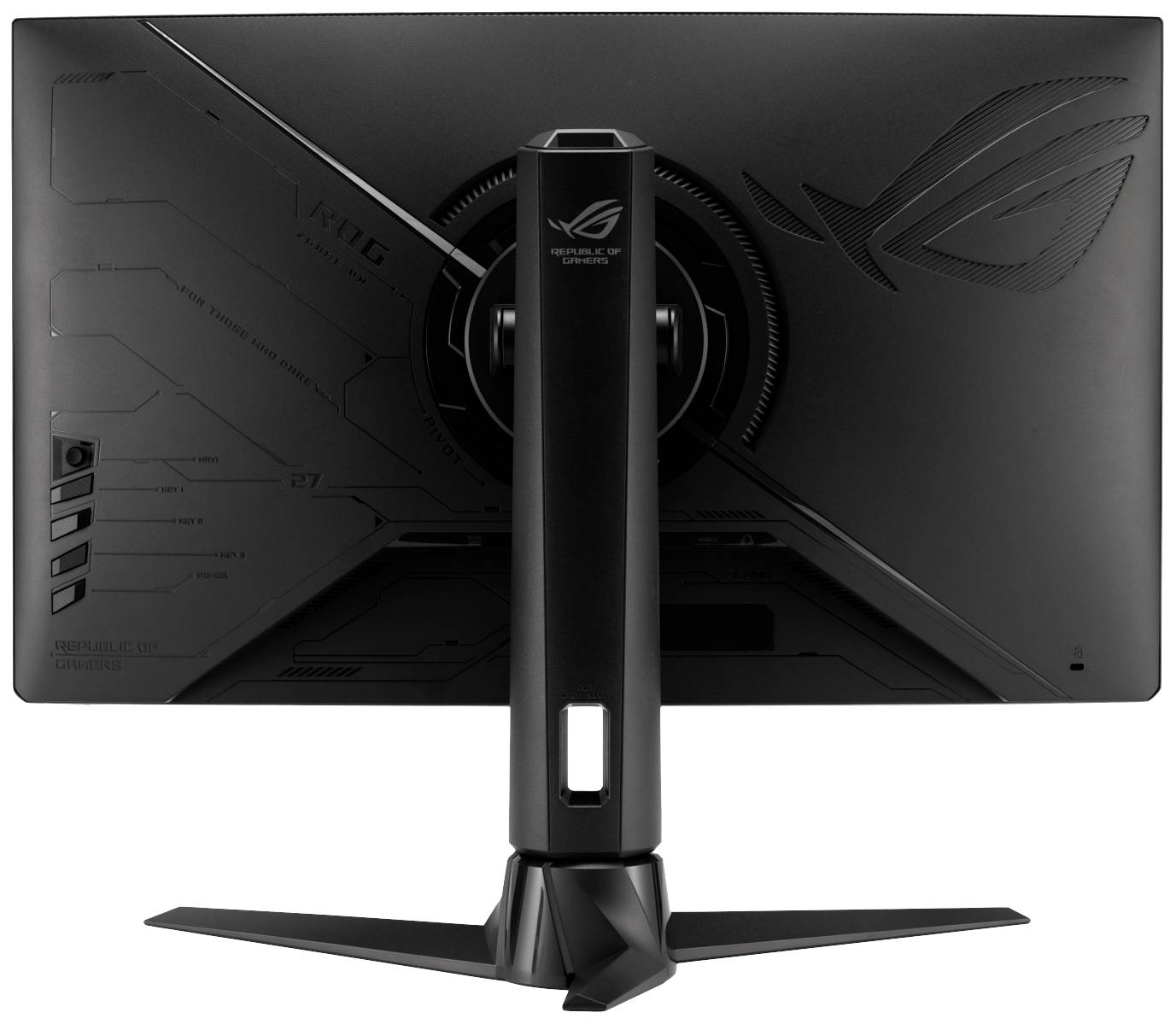 Rückansicht eines Gaming-Monitors mit markantem Design und robustem Standfuß. Das Logo des Herstellers ist prominent sichtbar.