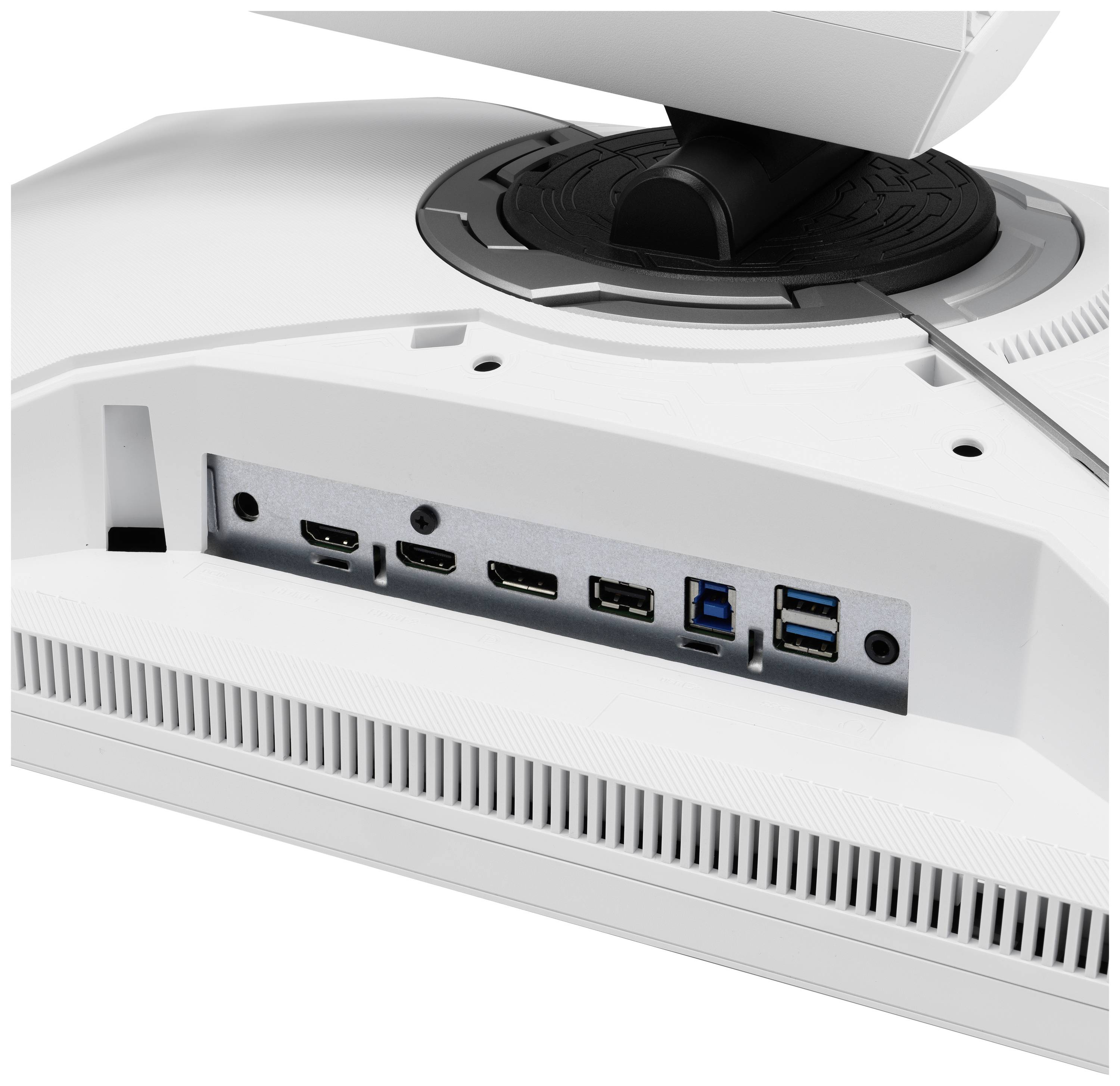 Rückseite eines weißen Monitors mit mehreren Anschlüssen: HDMI, DisplayPort, USB und Netzteilanschluss.