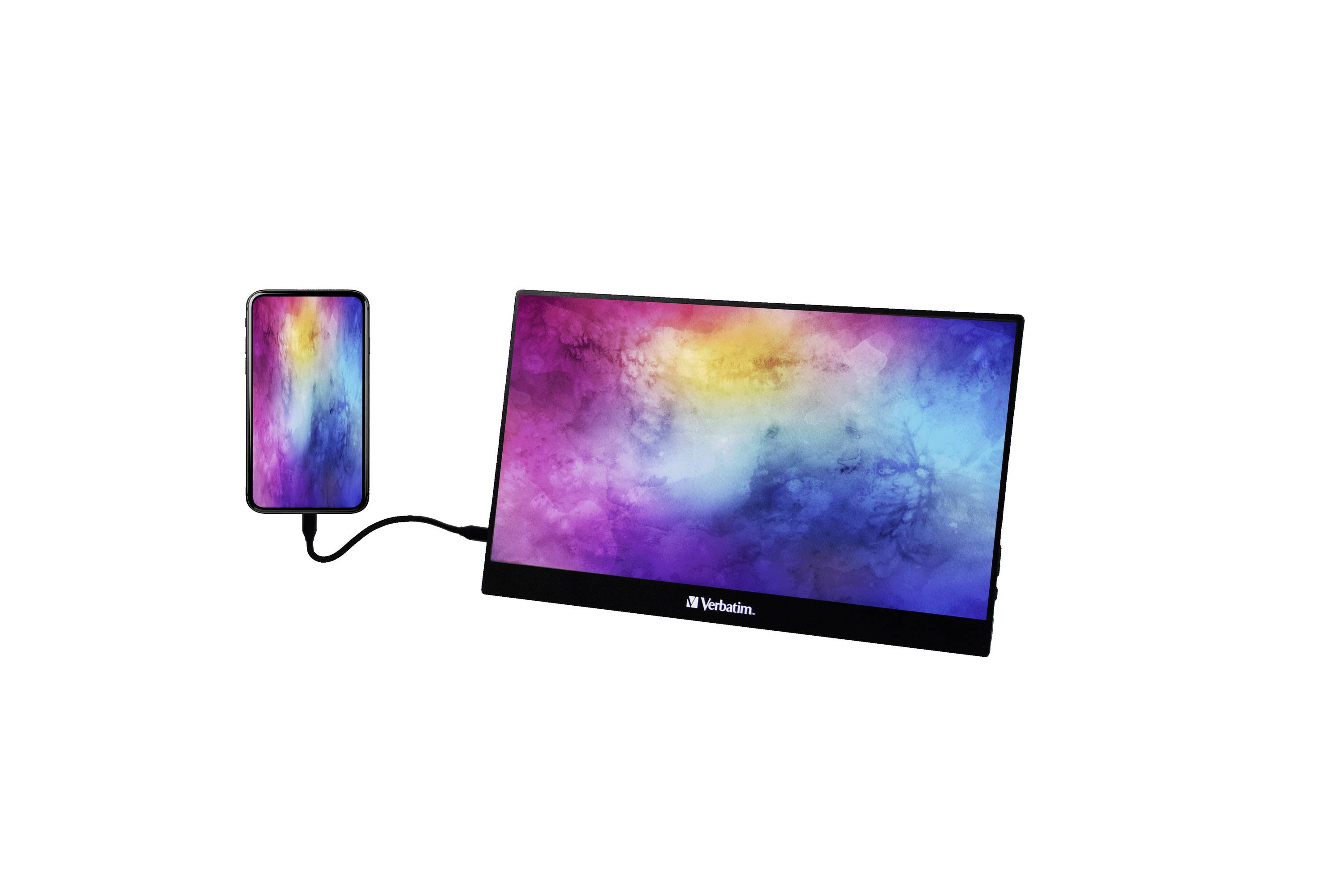 Smartphone und tragbarer Monitor, verbunden durch Kabel, zeigen bunte, abstrakte Hintergrundbilder.