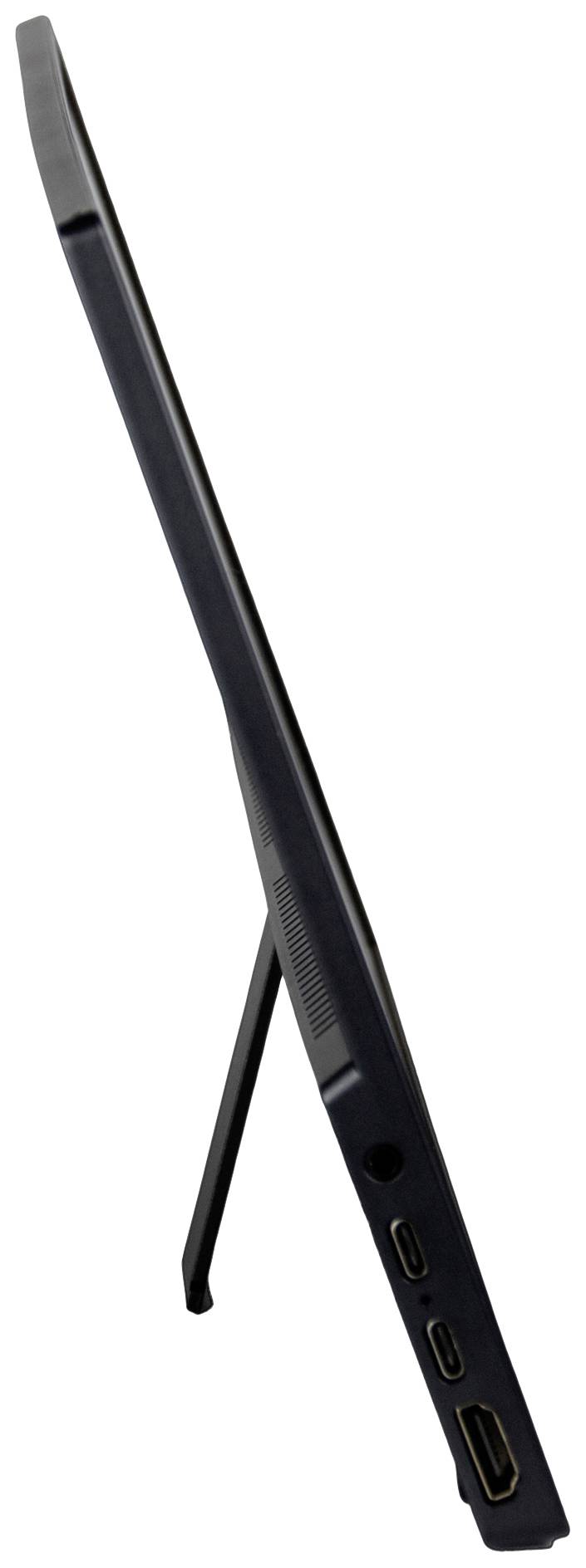 Ein Tablet wird von der Seite gezeigt, auf einem ausklappbaren Ständer stehend. Ports für HDMI und USB sind sichtbar.