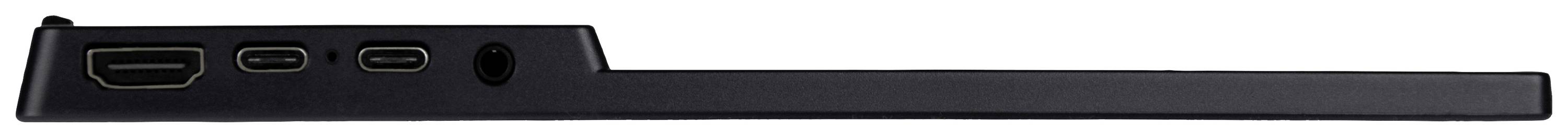 Laptop-Seitenansicht mit HDMI-, zwei USB-C- und einem Audioanschluss, ideal für vielseitige Konnektivität.