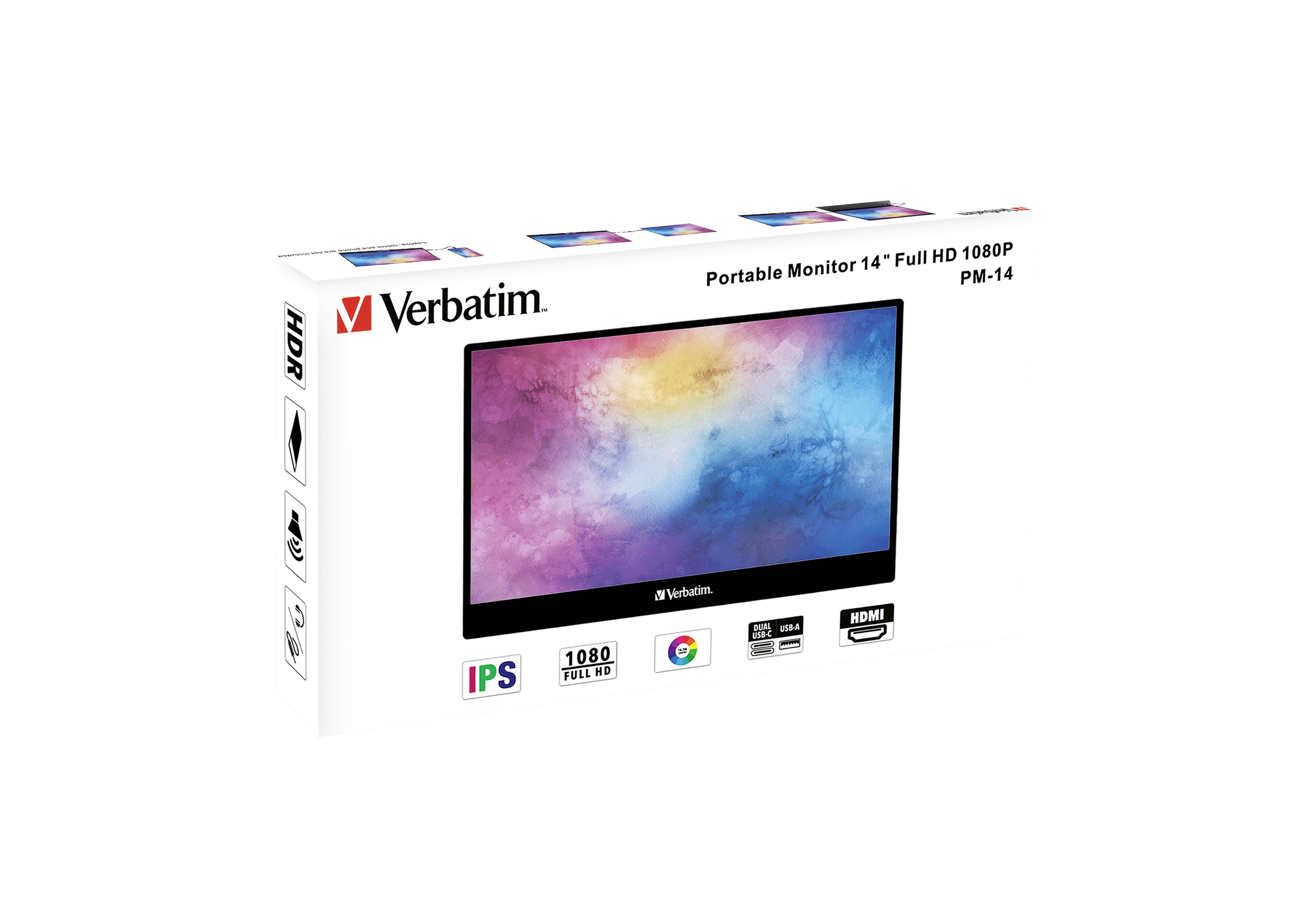 Tragbarer 14-Zoll-Monitor von Verbatim mit Full HD 1080p. Verpackung zeigt Monitorbildschirm mit buntem Hintergrund.