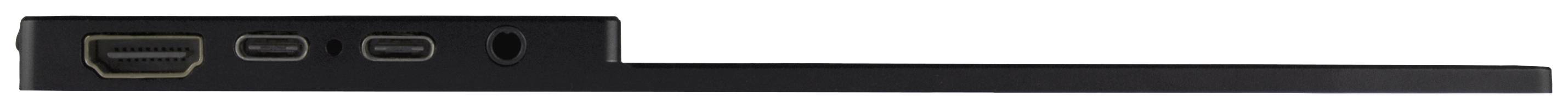 Seitenansicht eines flachen Laptops mit Anschlüssen: HDMI, zwei USB-C und ein Kopfhöreranschluss.