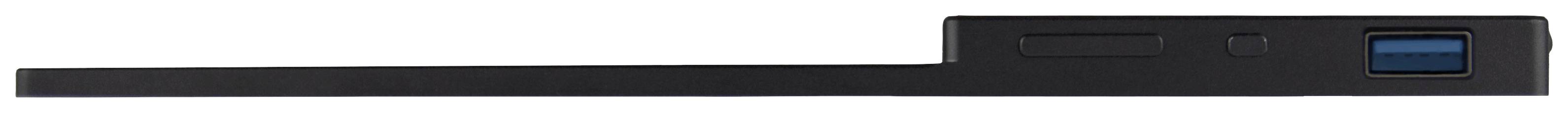 Schwarzer L-förmiger Gegenstand mit blauem Element an der Oberseite; möglicherweise Teil eines technischen Geräts.