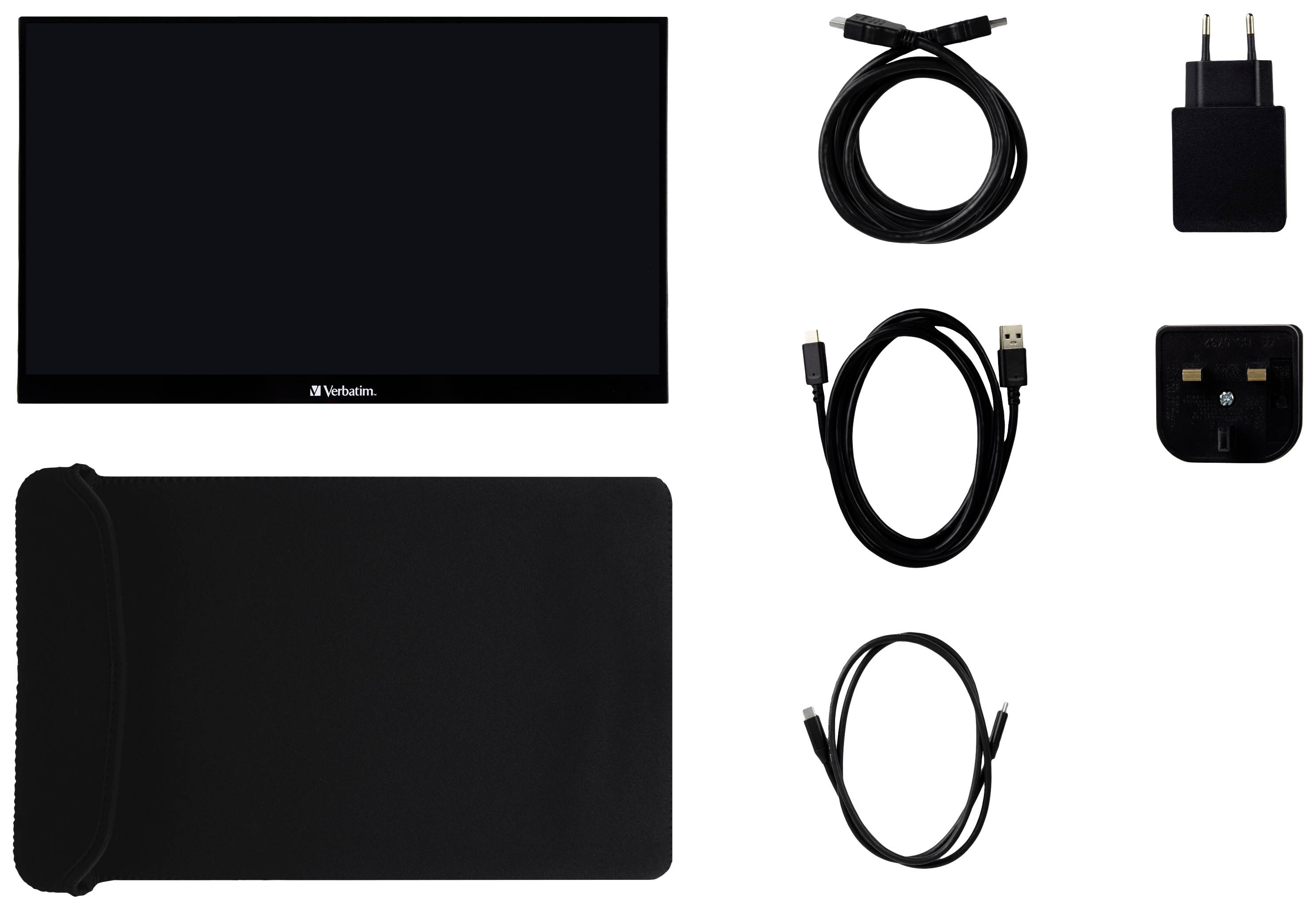 Tragbares Display-Set mit Bildschirm, Netzteil, USB-Kabeln und Schutzhülle, geeignet für mobilen Gebrauch oder Präsentationen.