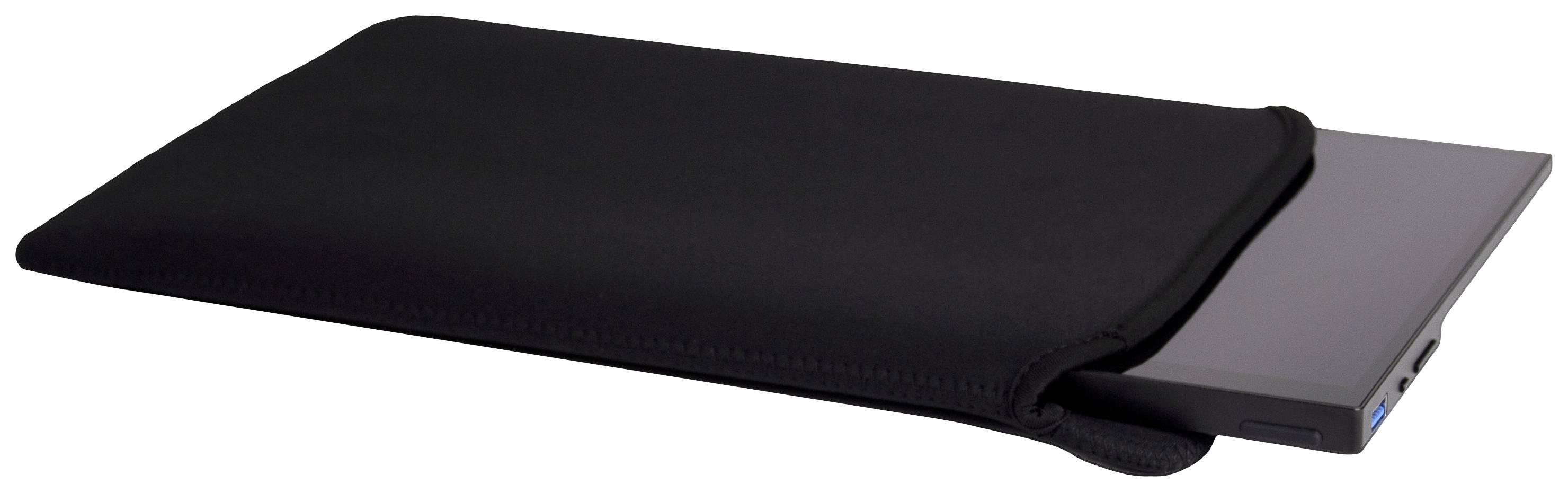 Ein Tablet, teilweise aus einer schwarzen Neoprentasche herausgeschoben, auf einem weißen Hintergrund.