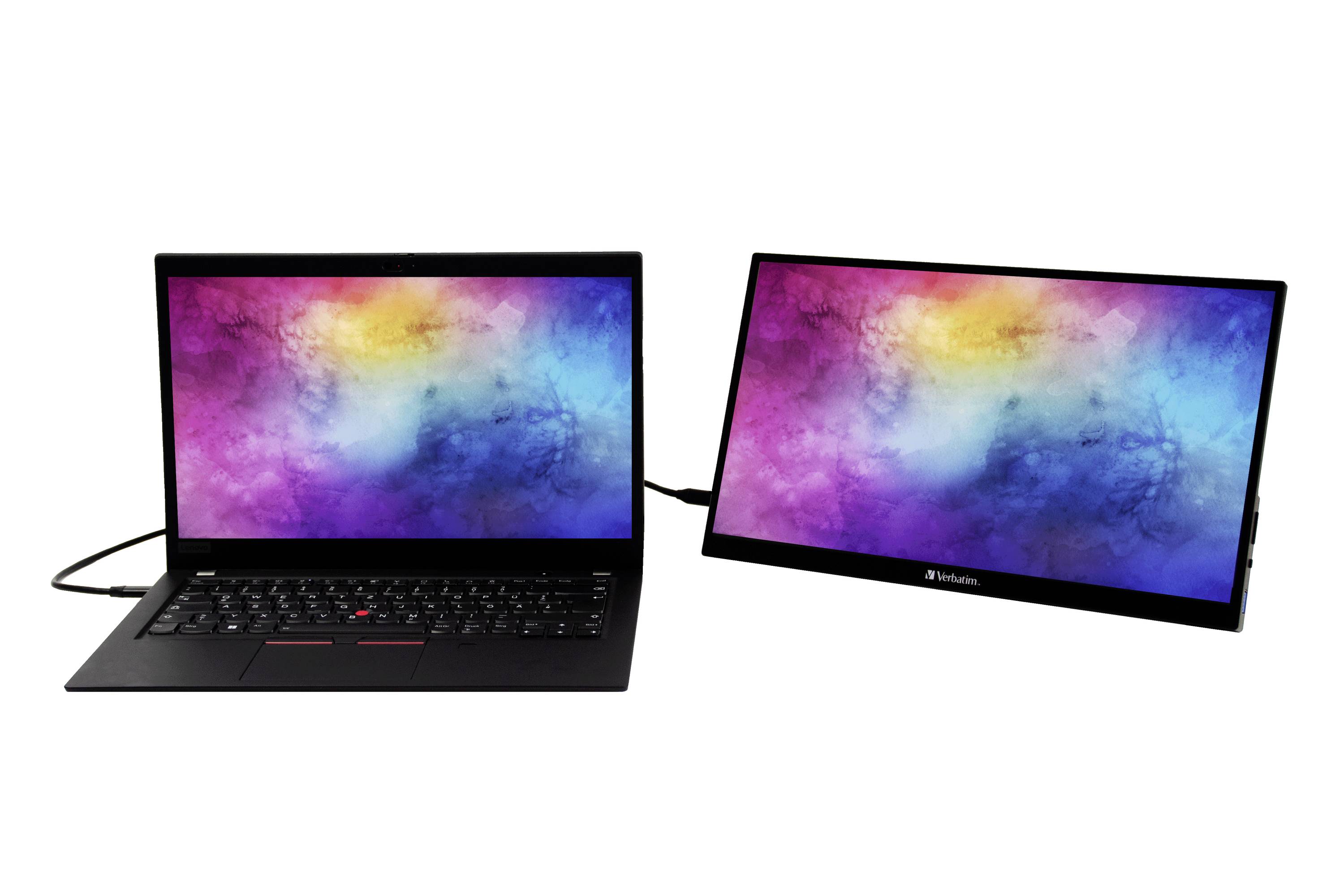 Zwei Laptops mit bunten Displayhintergründen; eines zeigt den Bildschirm im Hochformat, das andere im Querformat.