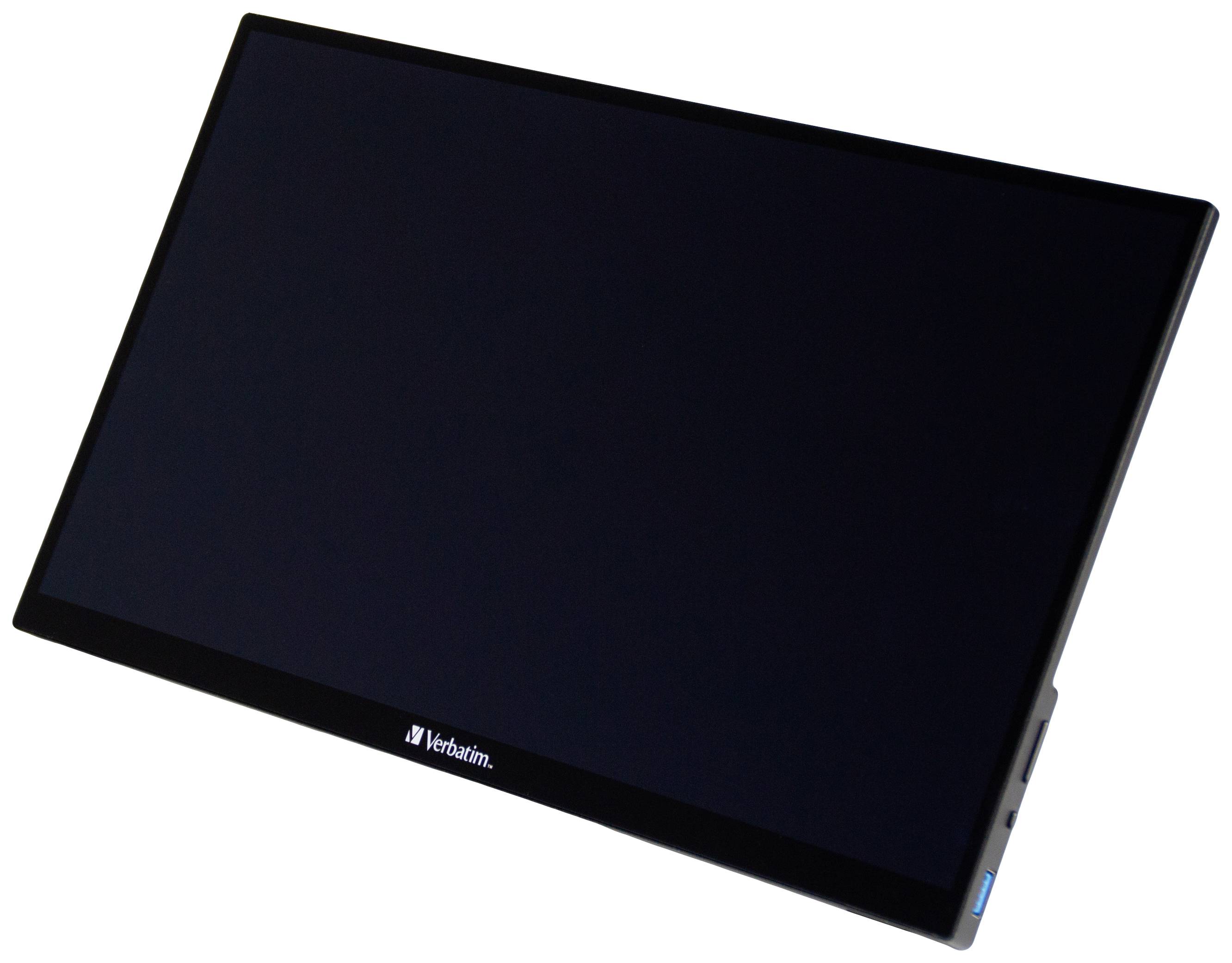 Tragbarer Monitor mit schwarzem Rahmen und Verbatim-Logo unten, Display ausgeschaltet.