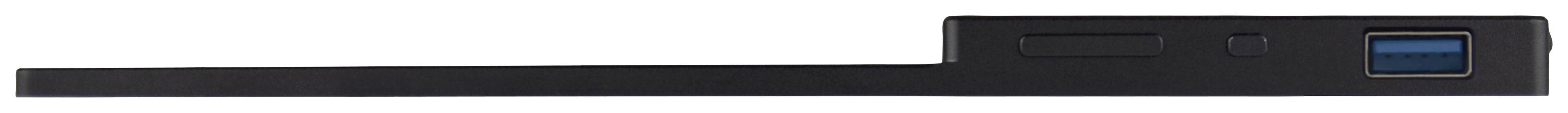 Ein flaches schwarzes Gerät mit USB-Anschluss und rechteckigem Körper.