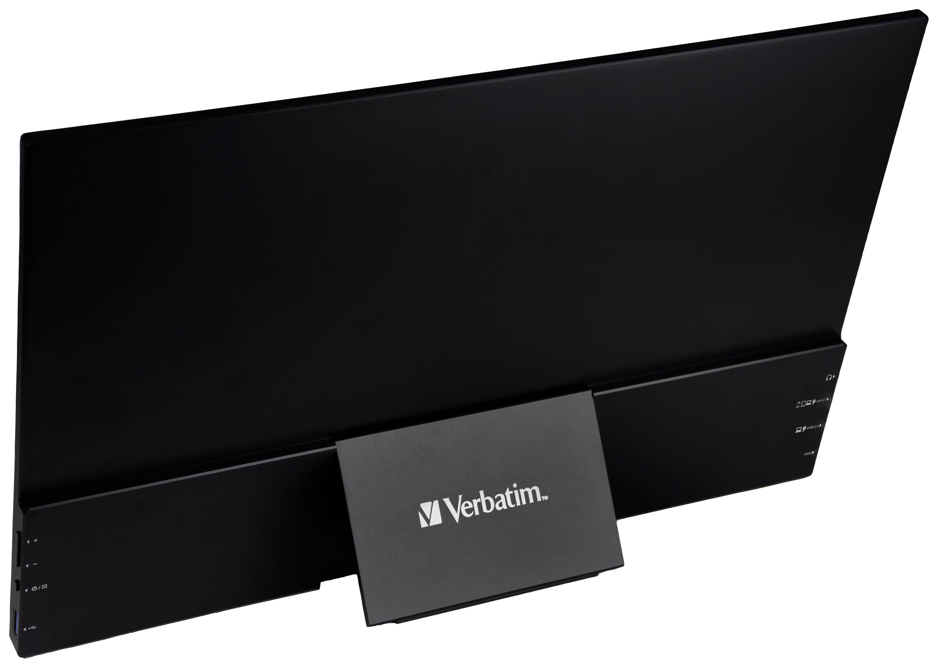 Rückseite eines schwarzen Monitors mit einem Standfuß mit der Aufschrift 'Verbatim'.