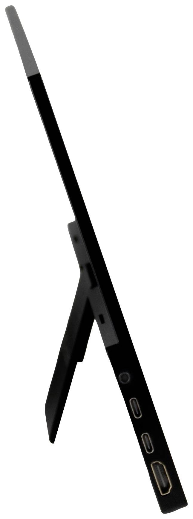 Tablet in Seitenansicht mit herausklappbarem Ständer und mehreren Anschlüssen an der Seite.