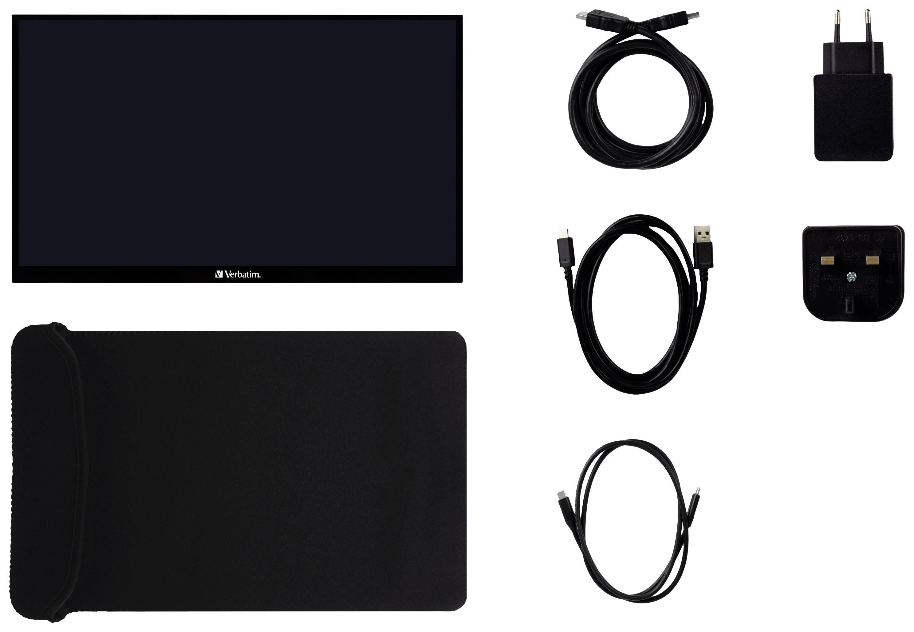 Tragbarer Bildschirm mit Netzteil, USB-Kabeln und Halterung. Ideal für mobilen Einsatz.