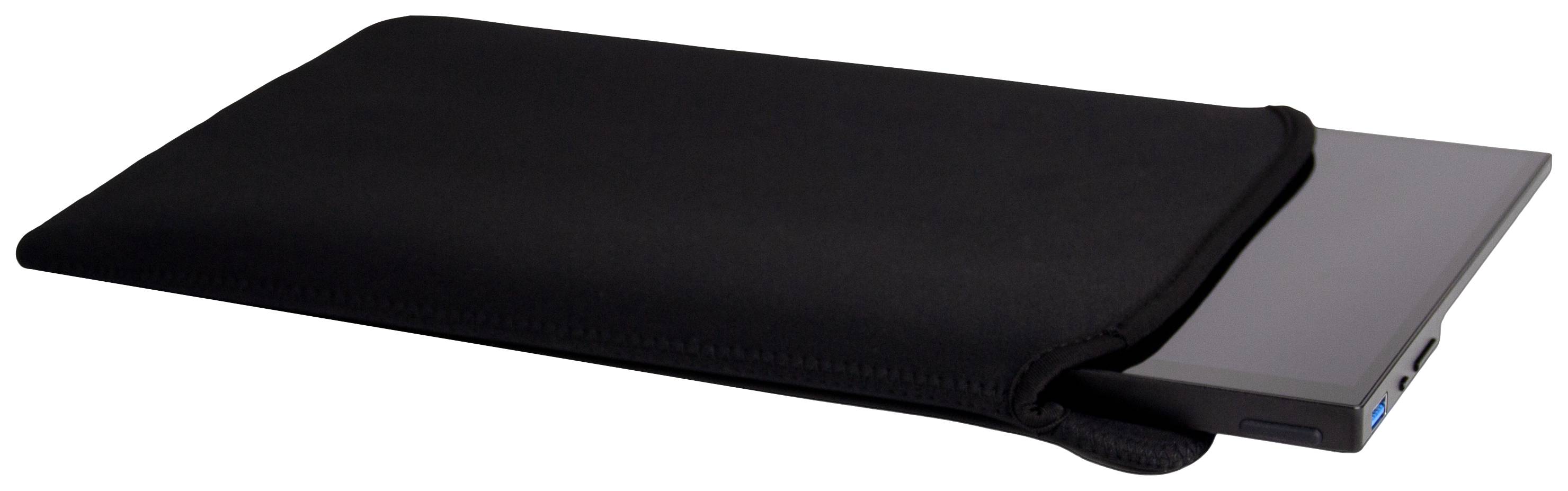 Tablet in schwarzer Hülle, teilweise herausgezogen, zeigt einen schwarzen Bildschirm und seitliche Anschlussmöglichkeiten.