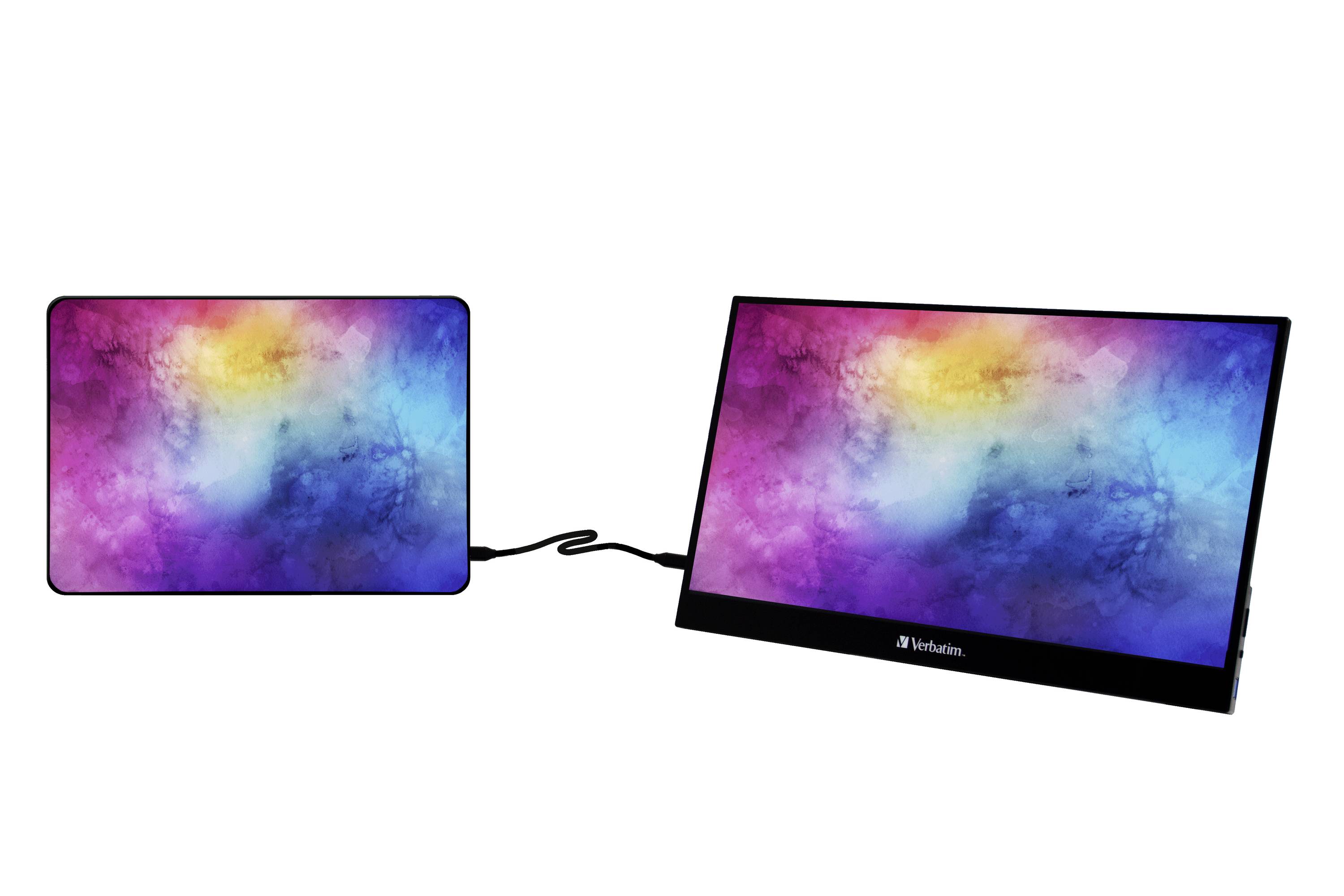 Zwei verbundene Monitore zeigen bunte, ineinander verlaufende Farben. Der rechte Monitor ist etwas größer und von 'Verbatim'.