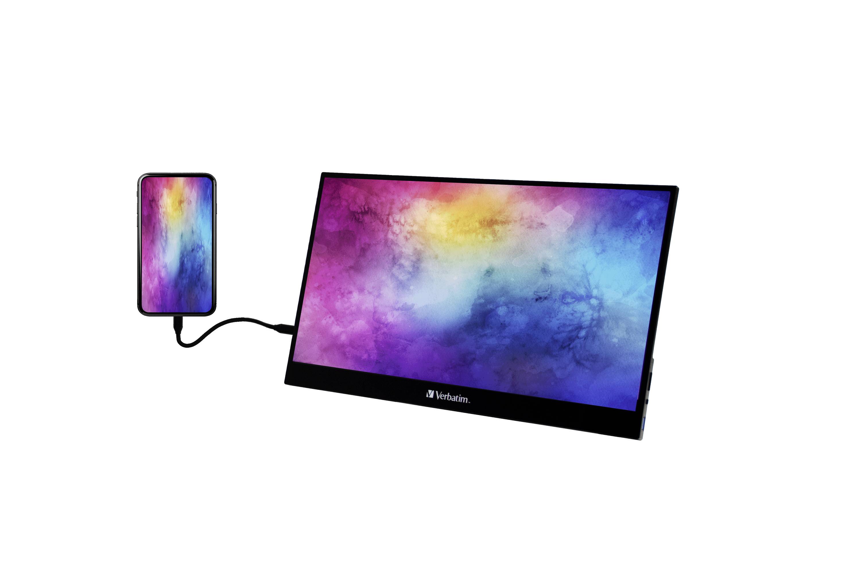 Smartphone verbunden mit einem großen, bunten Bildschirm. Zeigt die Farbwiedergabe und Verbindungsmöglichkeiten digitaler Geräte.