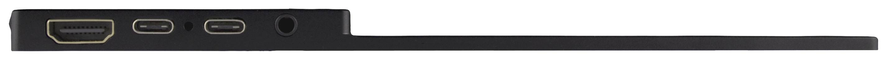 Seitenansicht eines schwarzen Laptops mit HDMI-, USB-C- und USB-Anschlüssen.