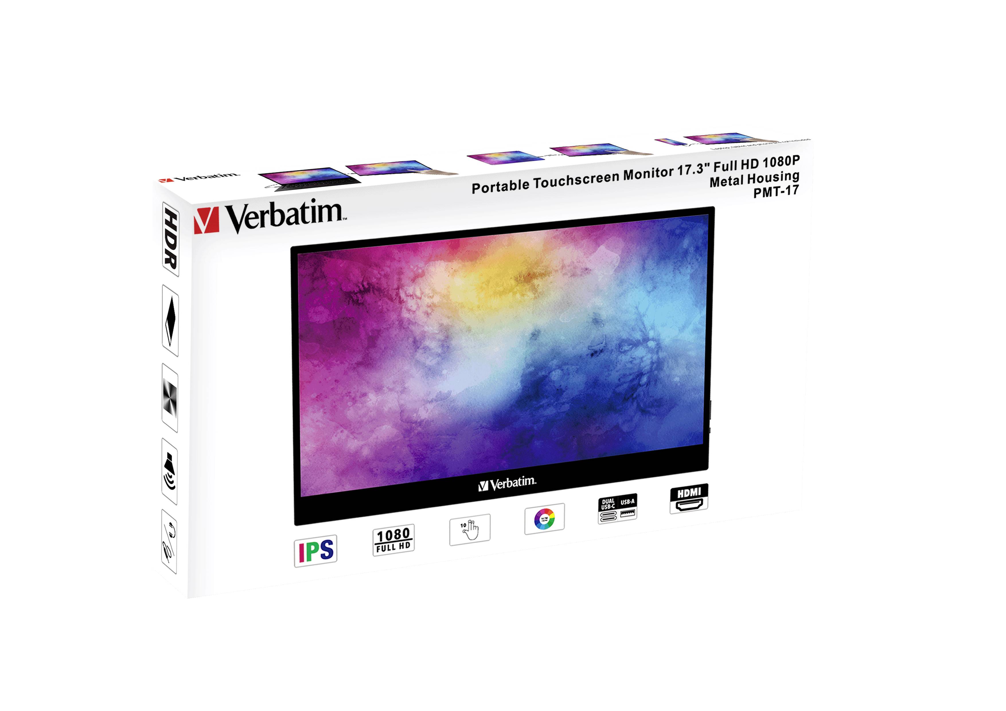 Tragbarer 17,3-Zoll-Touchscreen-Monitor von Verbatim, Full HD 1080p, metallisches Gehäuse, IPS-Technologie, HDR, PMT-17 Modell.