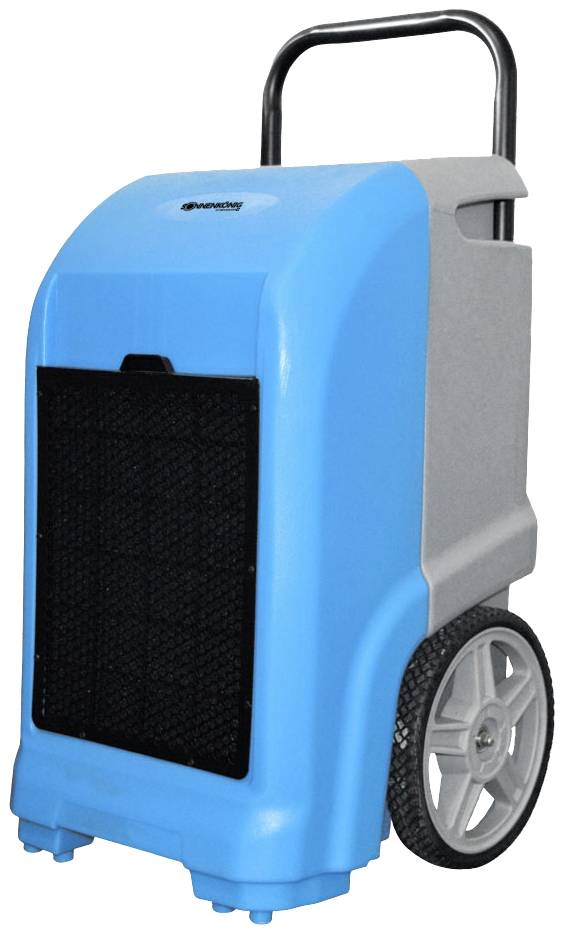 Ein blauer Lufttrockner mit Griff und großen Rädern, geeignet für den mobilen Einsatz in unterschiedlichen Umgebungen.